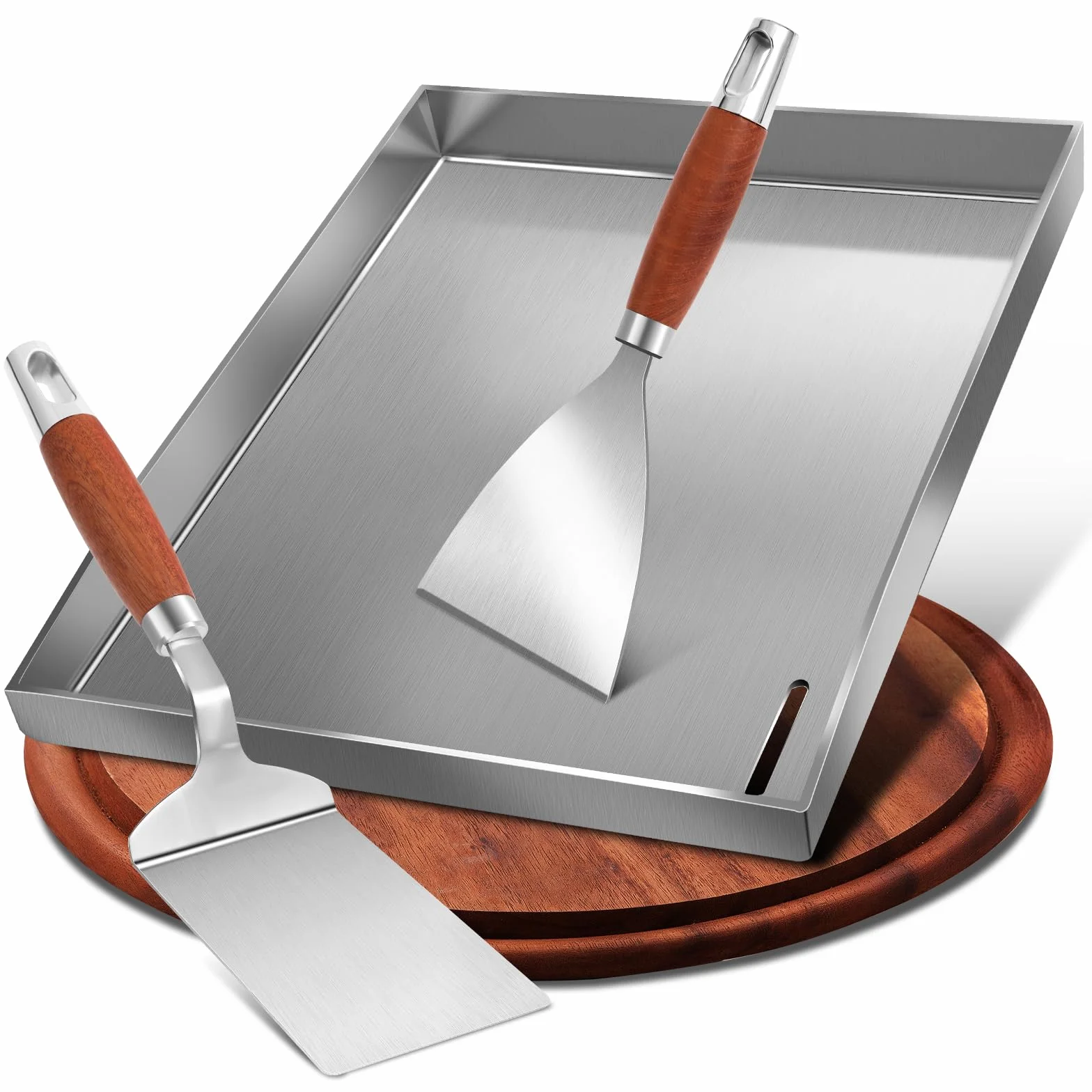 Lot plancha acier inoxydable massif 4 mm 30 x 40 cm pour barbecue gaz charbon avec spatule