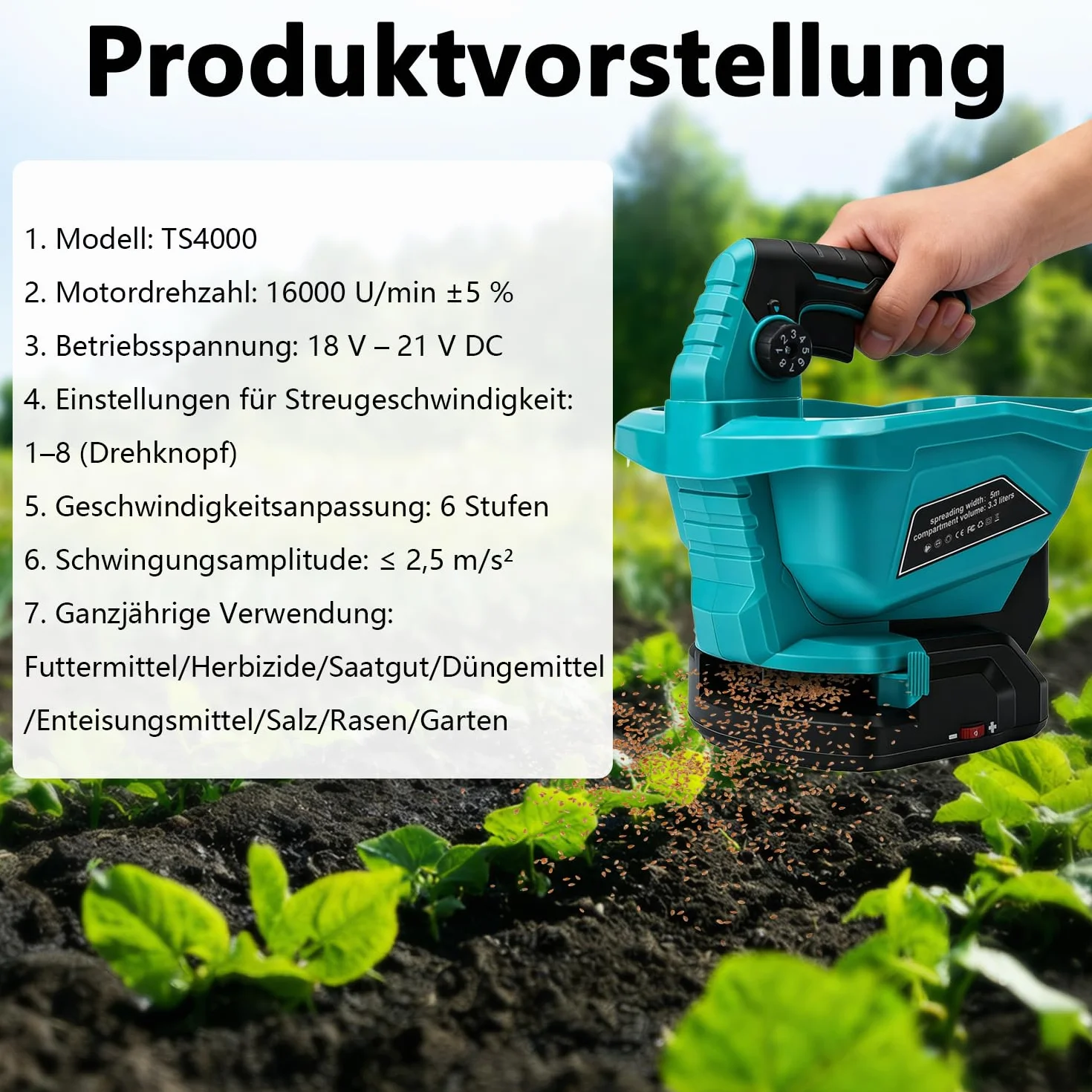 Makita 18 V Épandeur d'Engrais Portable 3,3 L 6 Réglages Vitesse 8 Réglages Angle 800 m²