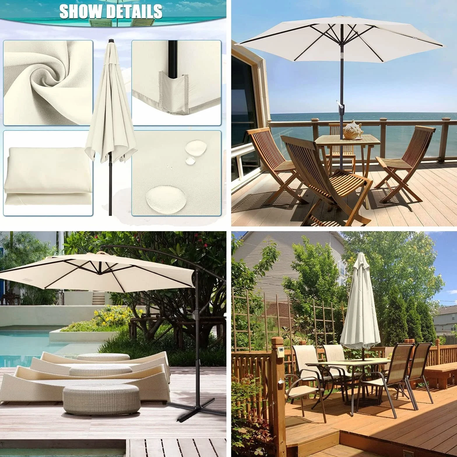 Housse de Remplacement Toile de Parasol Jardin 2.7m 3.0m pour 6 Bras 8 Bras
