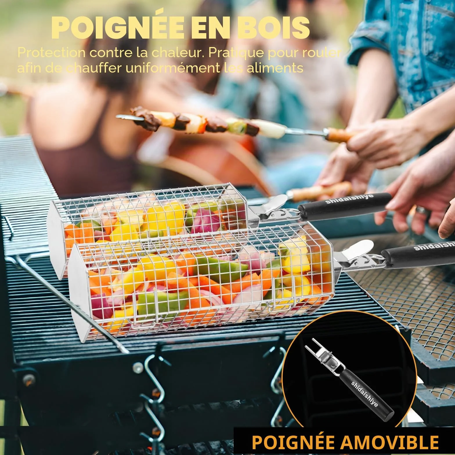 Panier à Barbecue Acier Inoxydable 304 Poignée Détachable 2 Pièces Ustensiles Grill Cuisine Exterieur Camping