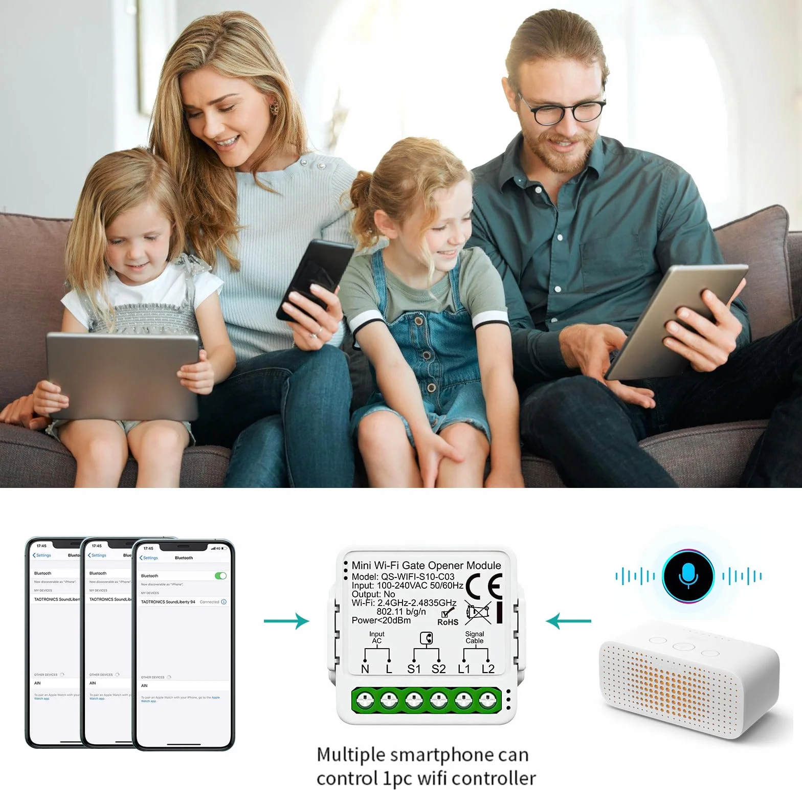 Ouvre-Porte De Garage Wifi, Contrôleur De Porte De Garage Avec Capteur Et Programmation, Ouvre Portail Connecté, Commande Intelligente De Portail Roulant Compatible Avec Alexa, Google Assistant