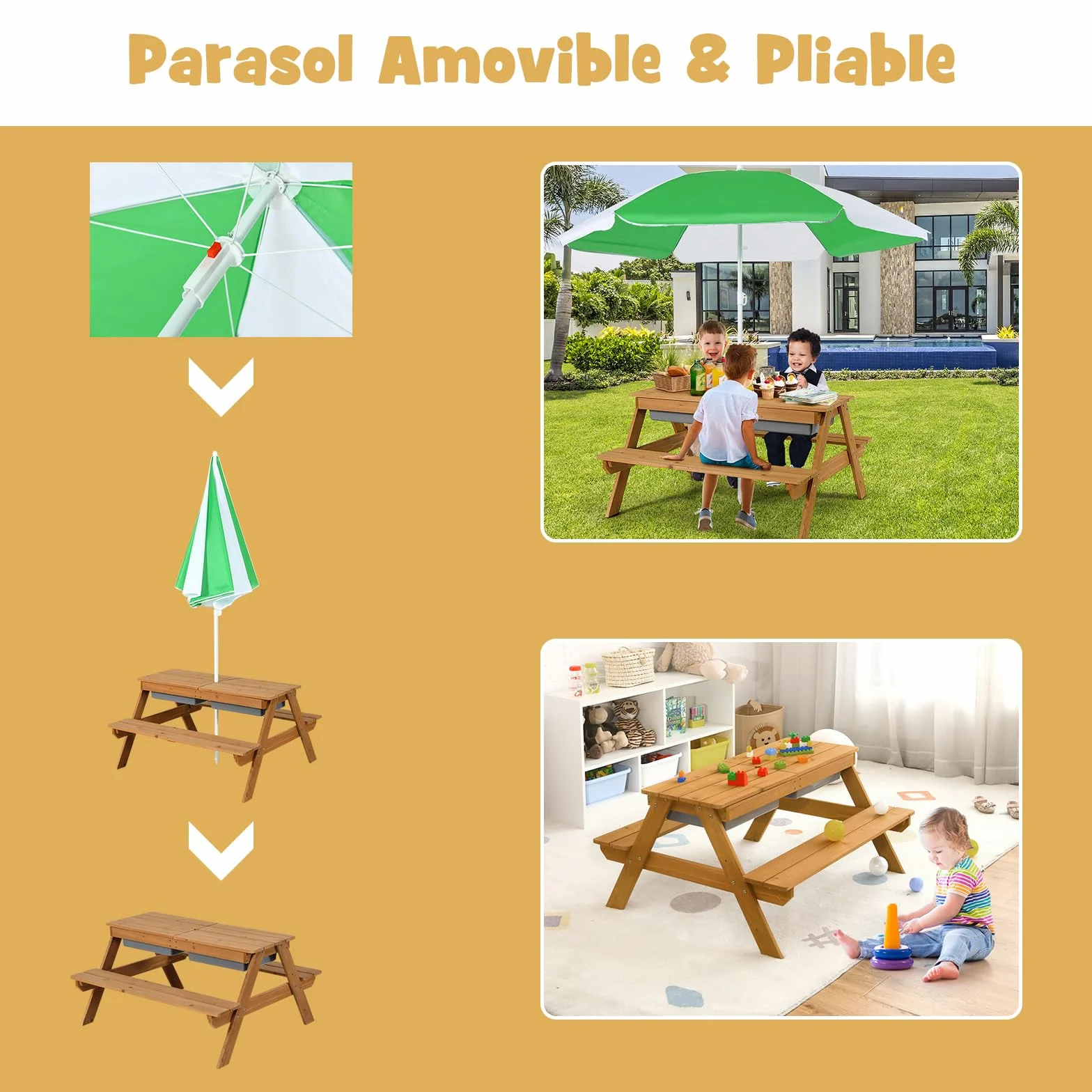 COSTWAY 3 en 1 Table de Pique-Nique Enfants avec Parasol Amovible, Table de Jardin, 2 Boîtes Sable & Eau, Charge 50kg