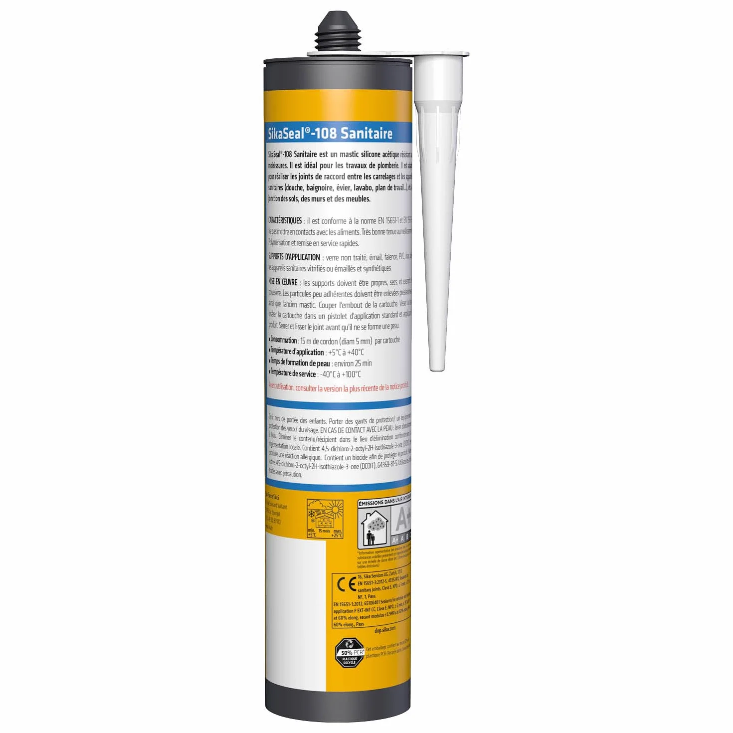 SIKA - Mastic Cuisine & Salle de Bain Anti-Moisissures - SikaSeal 108 Sanitaire Blanc - Joints silicone sanitaire longue durabilité sur multi-supports -Idéal pour travaux de plomberie - 300ml