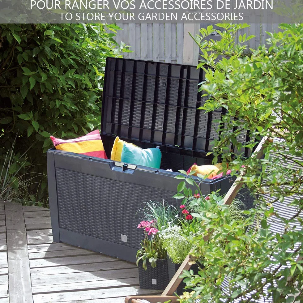 Coffre de Rangement Exterieur 310L PP 119 x 48 x 60 cm Anthracite Polyrotin Fabriqué en Europe