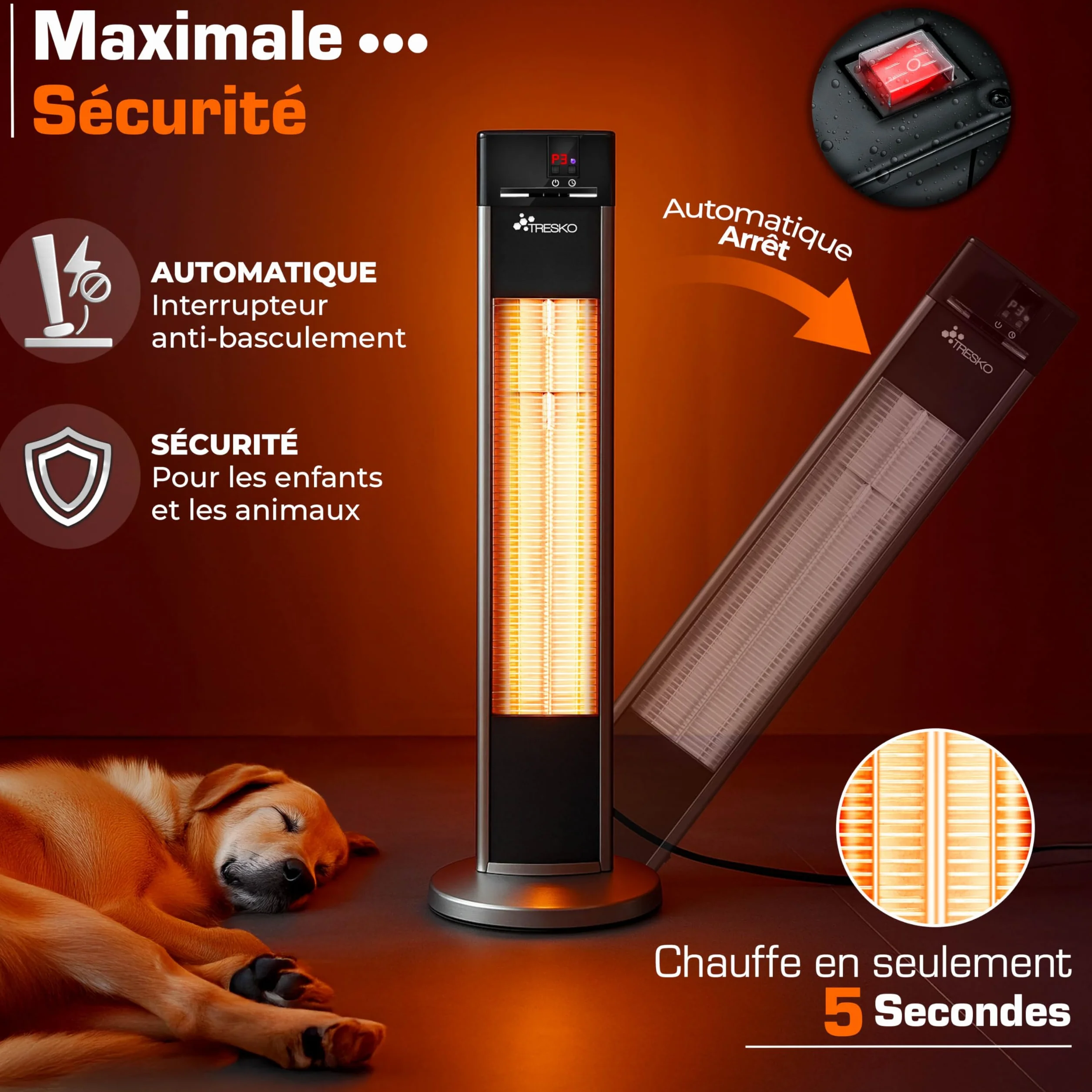 TRESKO Radiateur infrarouge sur pied 2000W | Chauffage radiant électrique intérieur extérieur avec télécommande