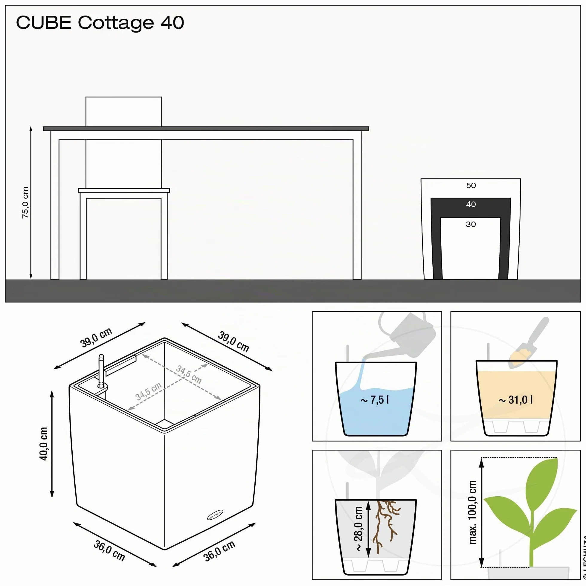 Lechuza Cottage Cube Pot de Fleurs d'Extérieur et d'Intérieur avec Réserve d'Eau Intégrée Granit 40 x 40 x 40 cm