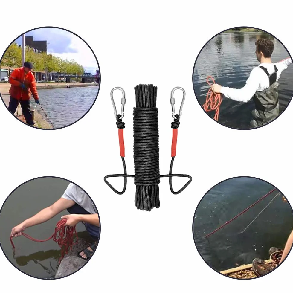 UTOMAG Corde en Nylon avec 2 Fermoir à Ressort - Corde Tressée de 20 Mètres, Multifonctionnelle pour la Pêche Magnétique, la Fixation de Charges et Le Séchage du Linge (Diamètre 6mm, Noir)