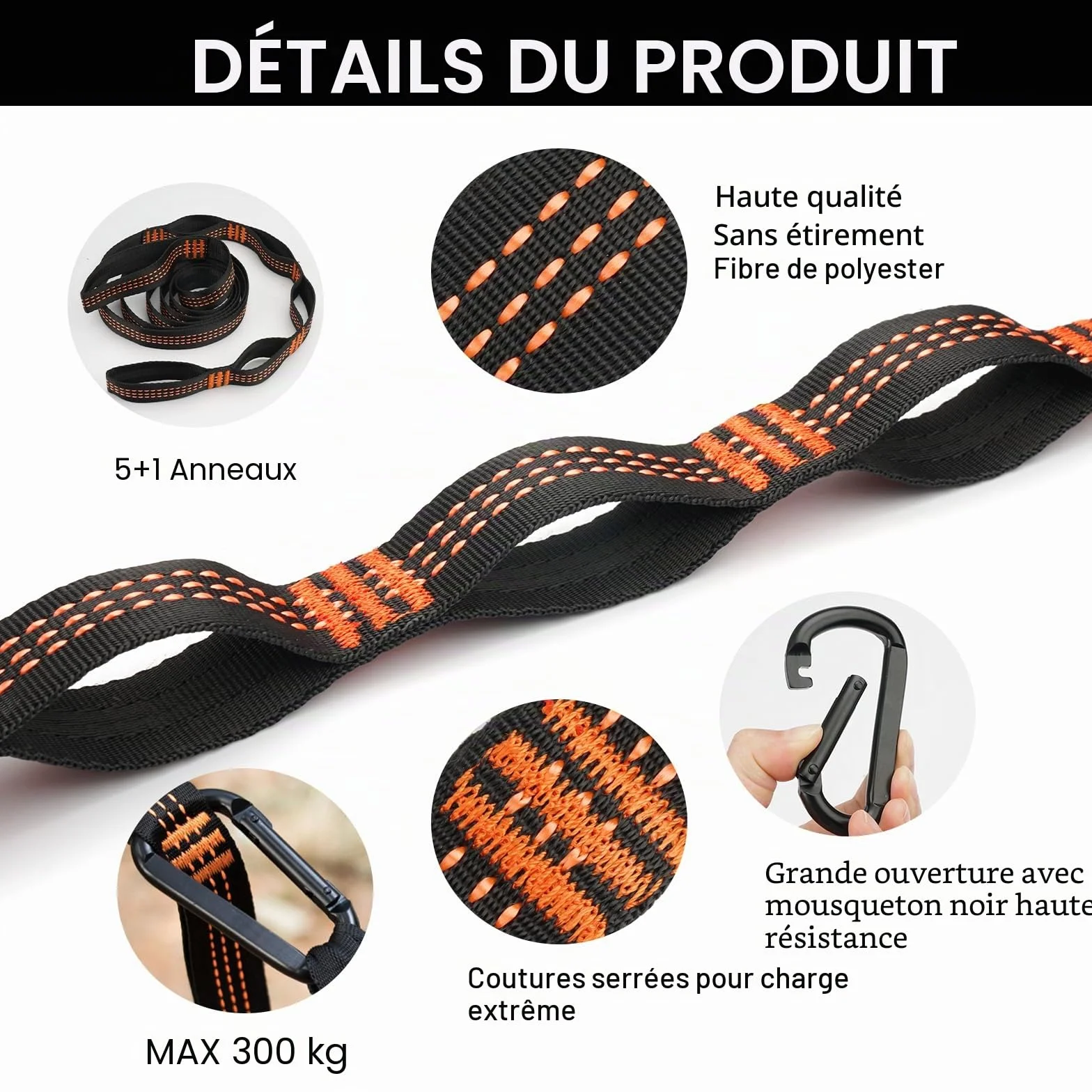 Sangle Hamac 2m x 2,5 cm Polyester Mousquetons Fixation Arbre 300kg Lot de 2