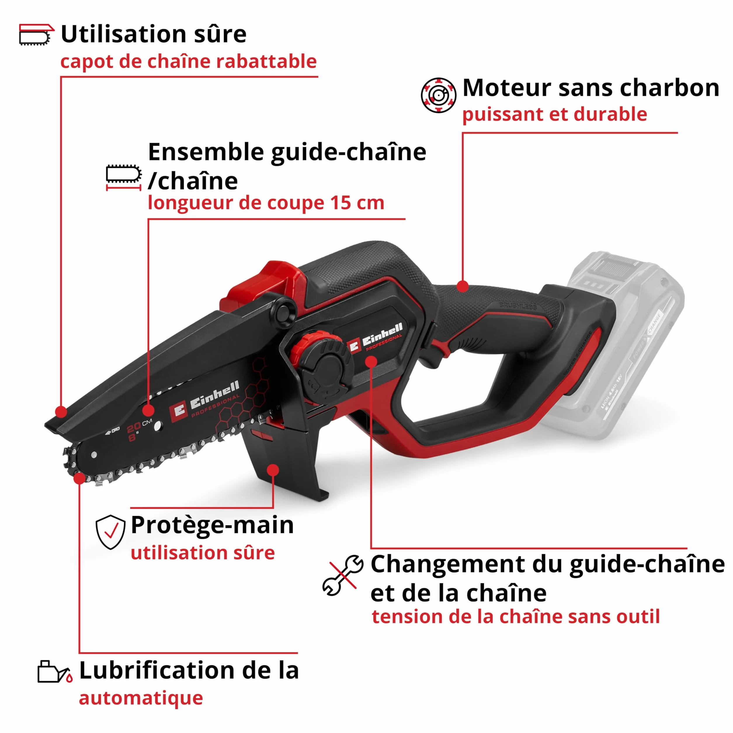 Einhell Professional Élagueuse sans fil GP-PS 18/20 Li BL-Solo Power X-Change (18 V, longueur de coupe 15 cm, moteur sans charbon, vitesse de chaîne 8 m/s, lubrification automatique, sans batterie)