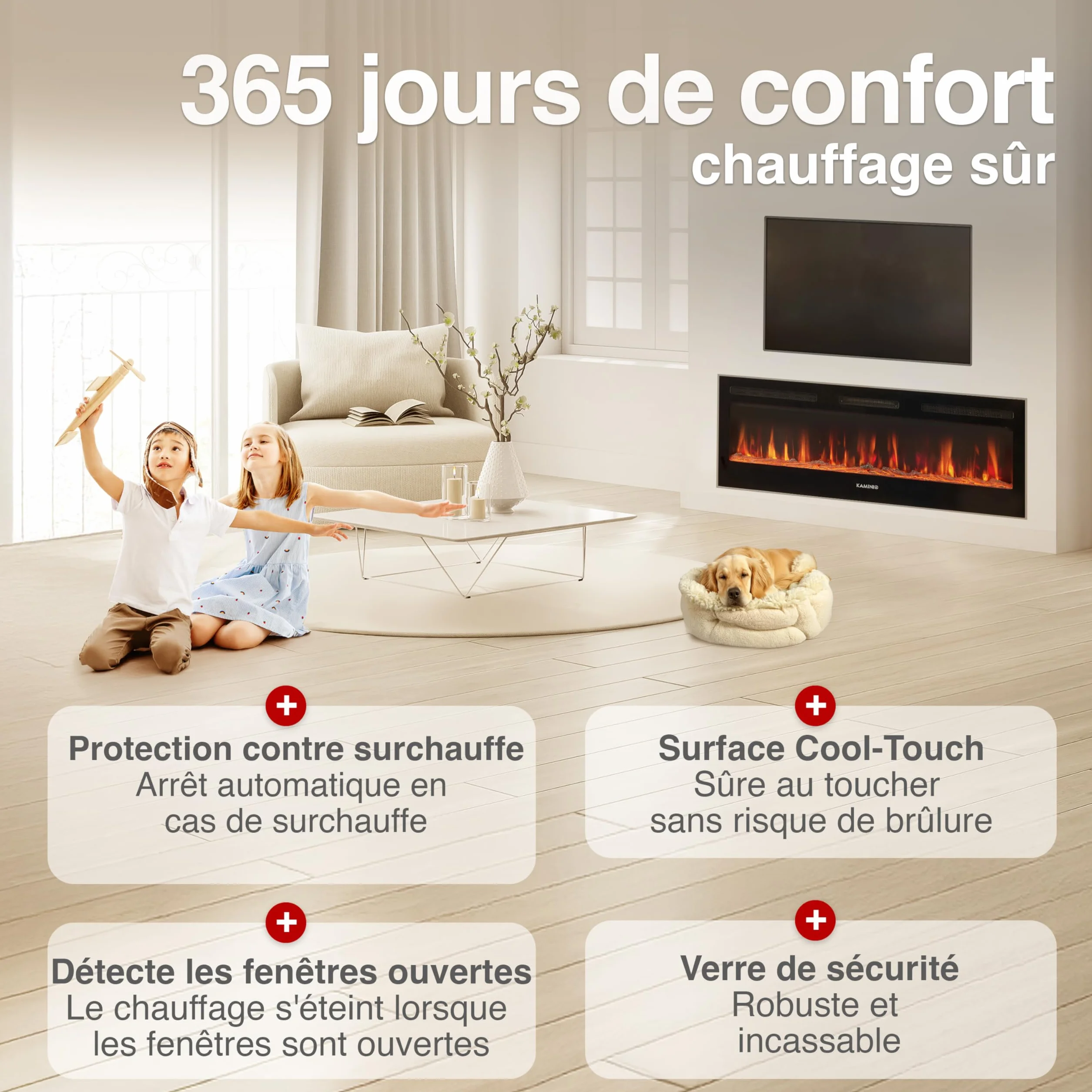 KAMINIO Cheminée Electrique Marlon - Cheminée Électrique 3-en-1 avec Chauffage, Effet de Flamme 3D, 12 Couleurs de Flammes, télécommande (60 Pouces)
