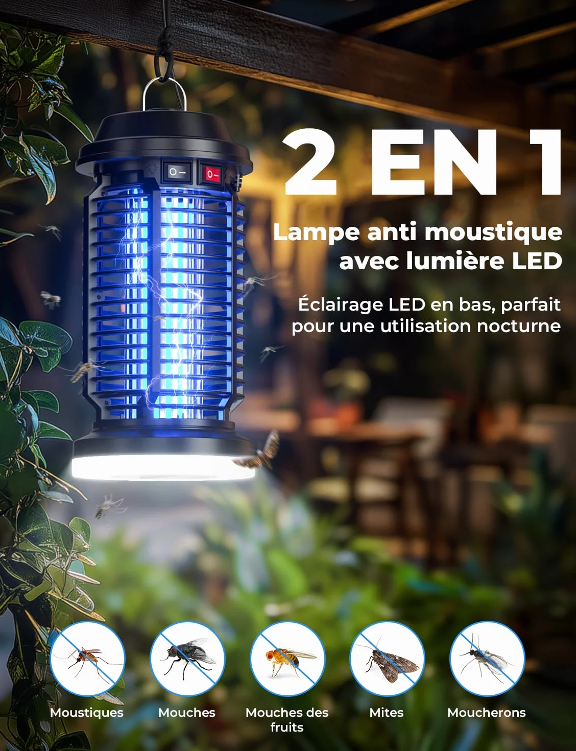 YISSVIC Lampe Anti Moustique 4200V 15W Tueur Mouche Electrique 2 en 1 LED UV IPX4 pour Extérieur et Interieur