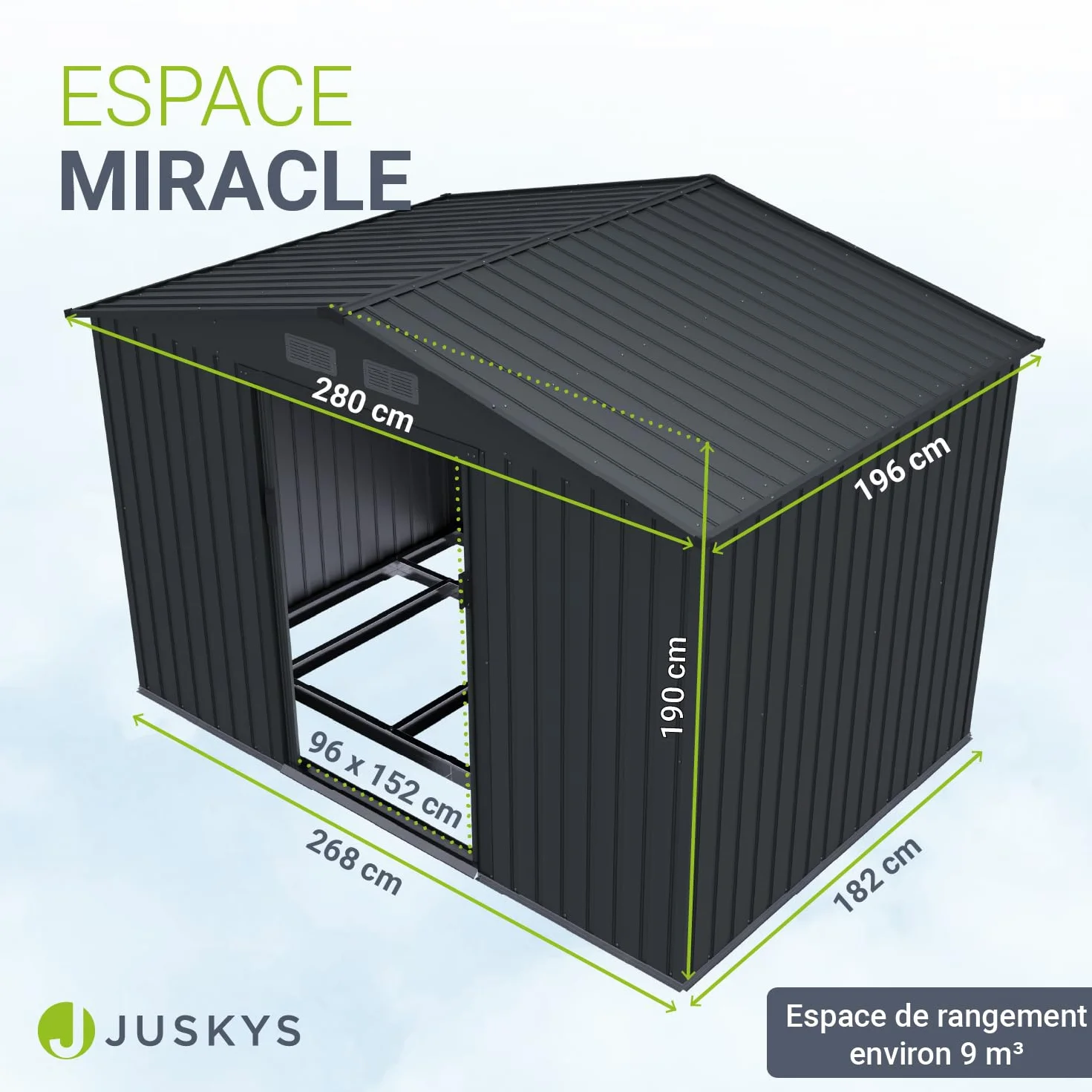 Juskys abri métallique XL gris foncé résistant aux intempéries avec cadre de fondation porte coulissante verrouillable