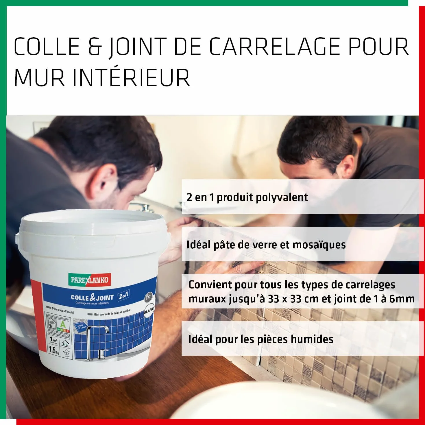 Parexlanko - Colle carrelage et joint en pâte - Colle & Joint 2 en 1 - Blanc - Pour mur intérieur - Spécial pièces humides - Prête à l’emploi - 1,5kg