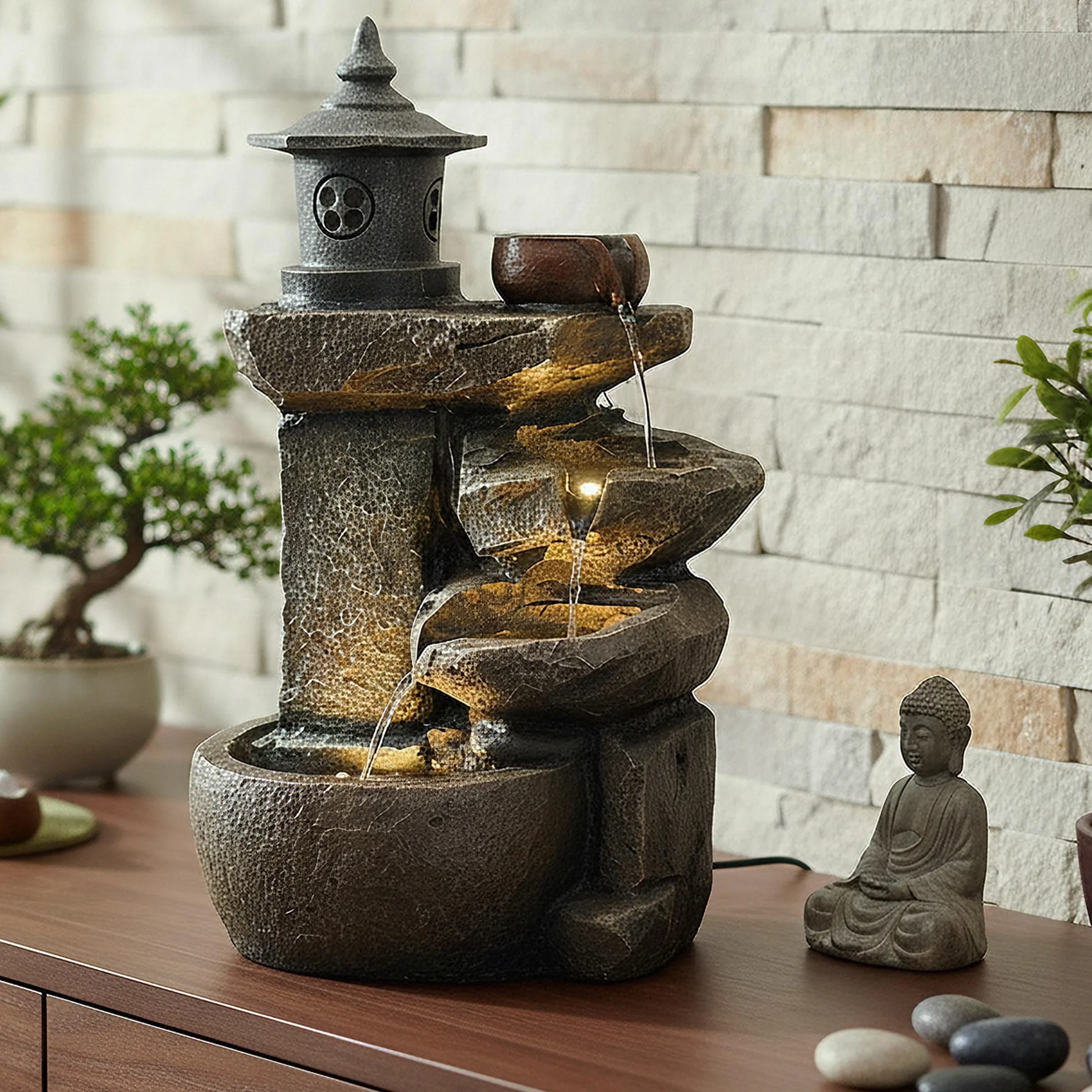 Arnusa BK851 Fontaine Cascade Avec Éclairage Marron Gris Décoration Jardin