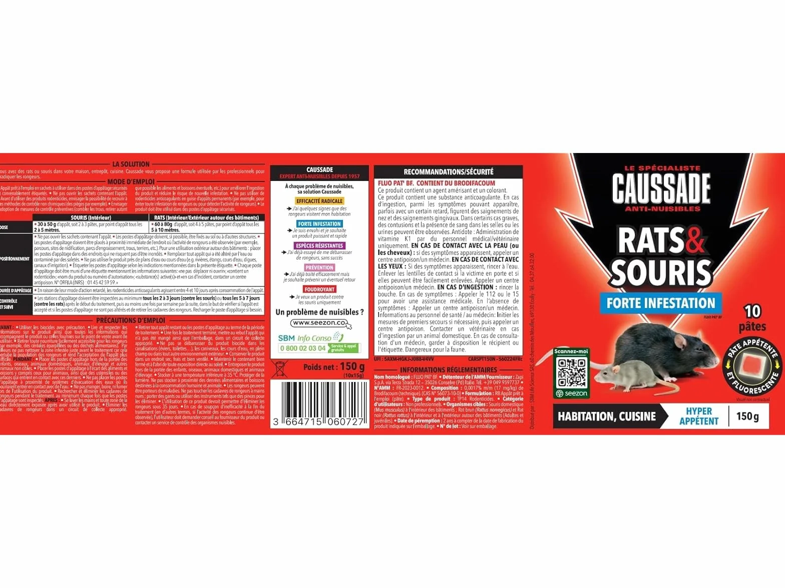 CAUSSADE Anti Rats & Souris Forte Infestation 10 Sachets Pâtes Fluorescents 150g