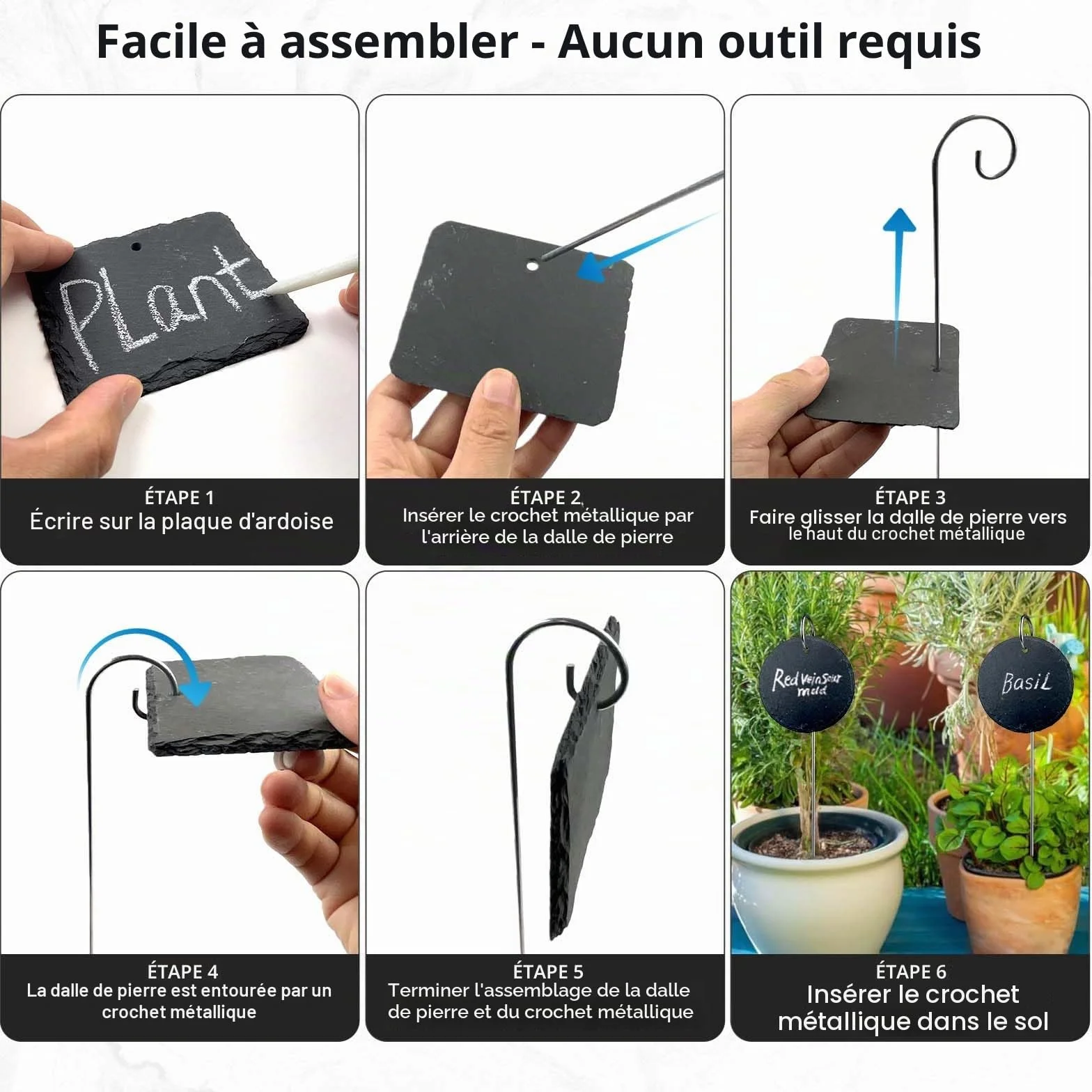 Étiquettes Plantes Ardoise Rectangulaires Lot de 12 avec Tige Métal Imperméables Extérieur Marqueurs Jardin Réutilisables Stylo Craie