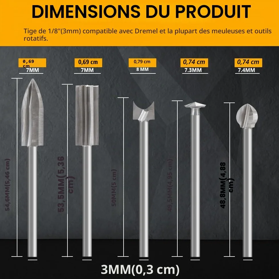 Jeu de Mèches Sculpture Bois Compatible Dremel, 5 Pièces Tige 1/8" pour Gravure Bois