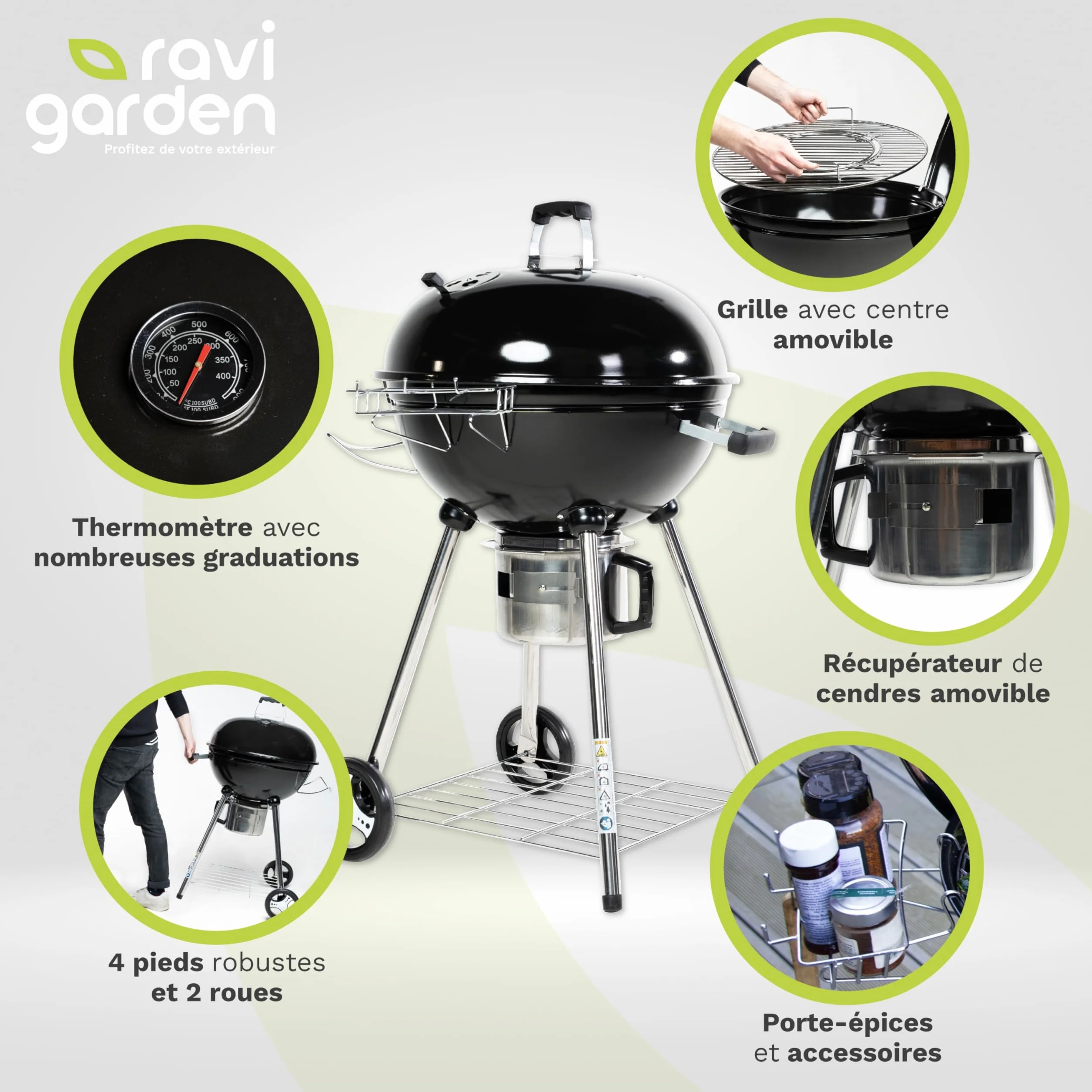 Barbecue Charbon de Bois 57 cm Rond avec Couvercle 4 Pieds pour 8-12 Personnes
