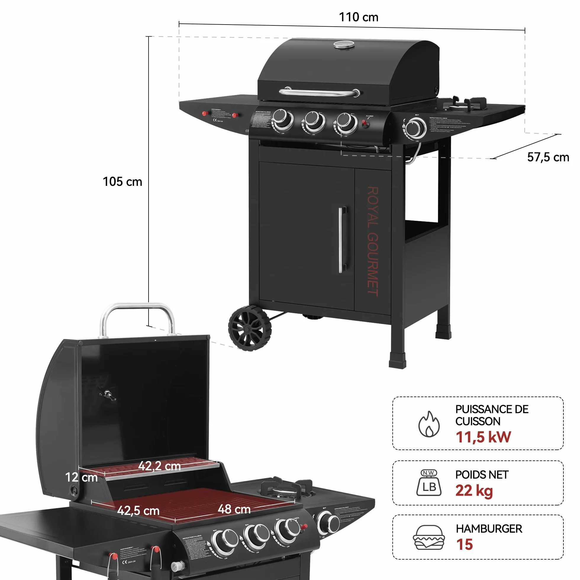 Royal Gourmet Barbecue Gaz 3+1 Brûleurs Acier Inoxydable Gril sur Chariot 11,5 KW avec Tablette Thermomètre Noir