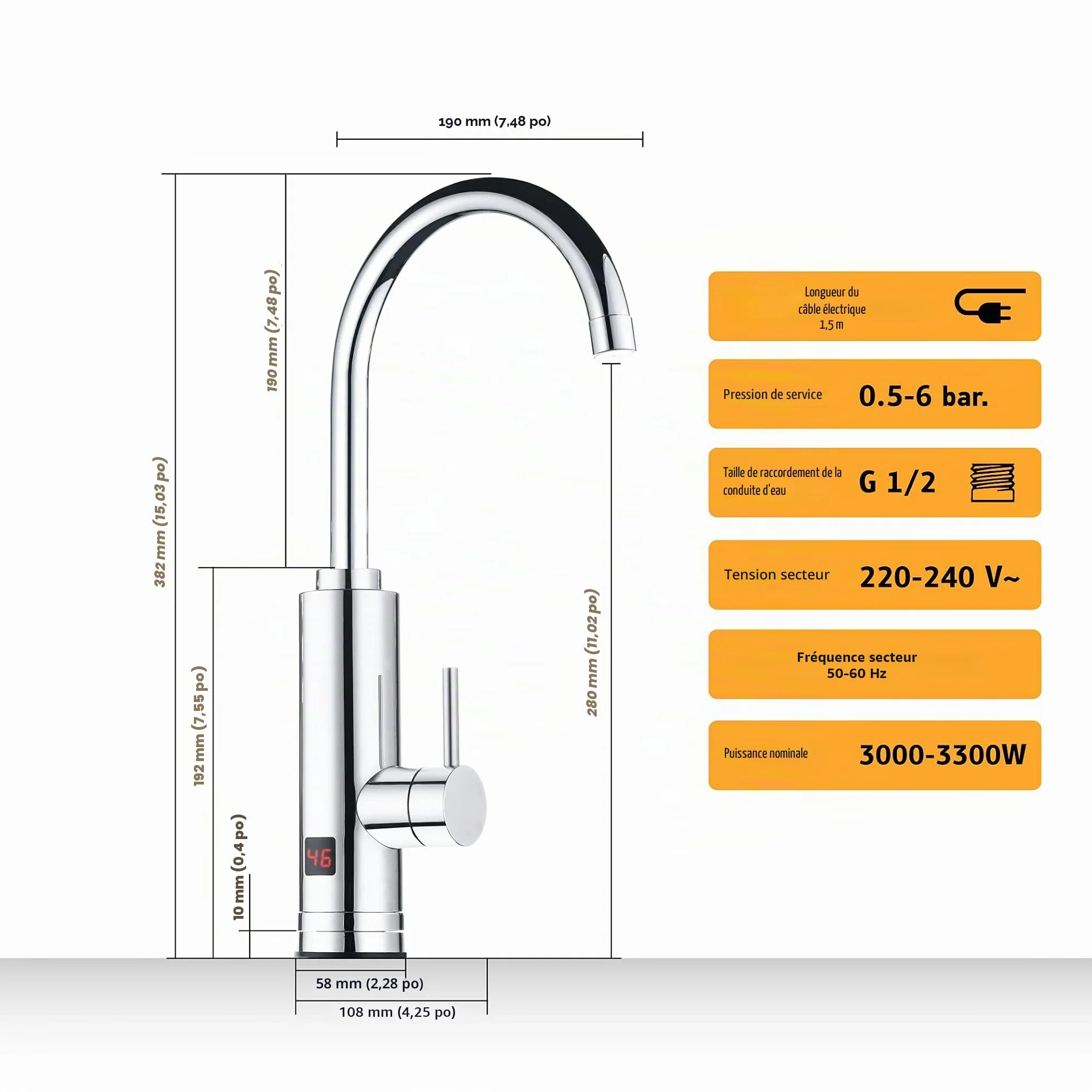 HOGART Robinet Électrique Chauffage Instantané 230 V 2 embouts