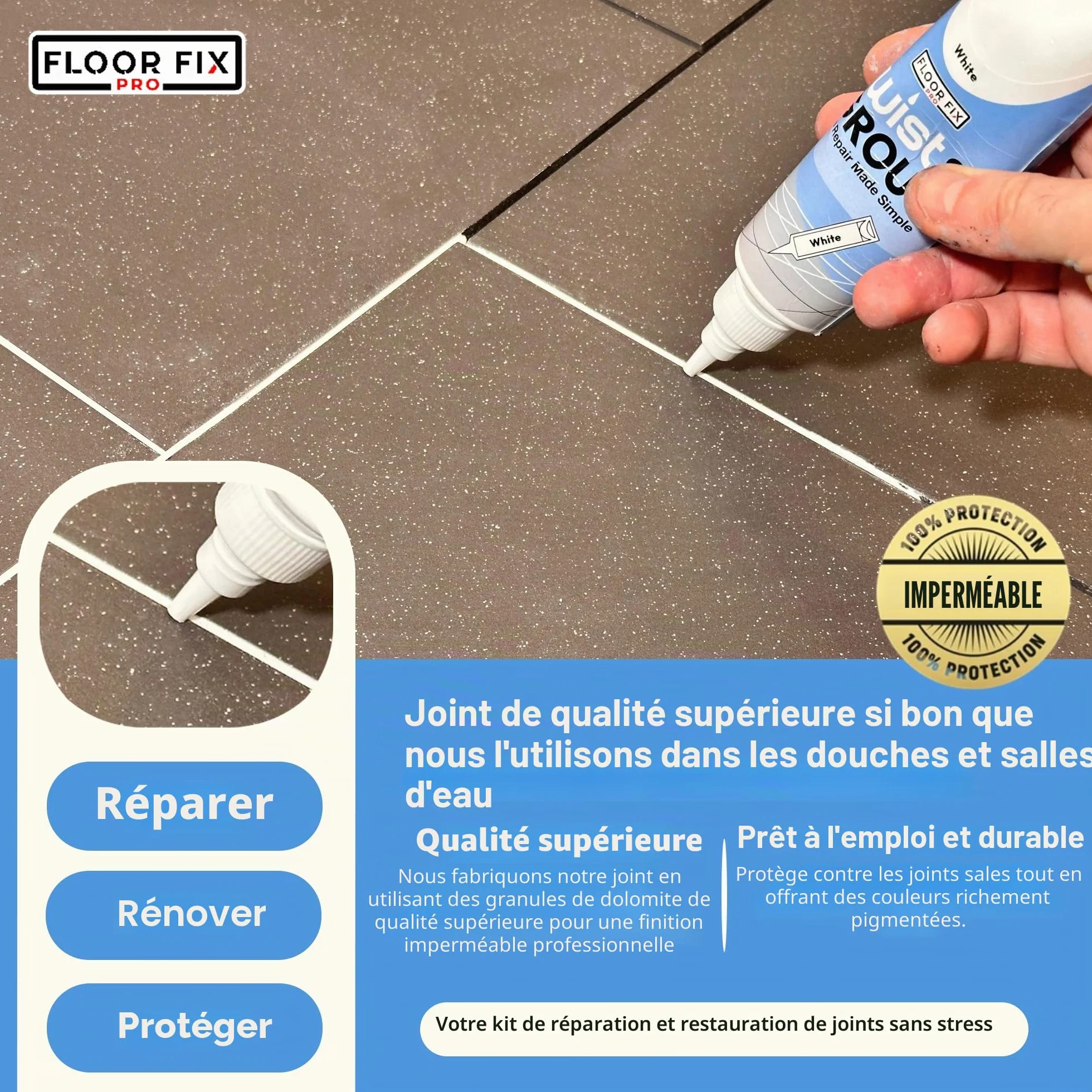 Twist & Grout de Floor-Fix Pro - Joint Carrelage. Réparation Rapide pour Salle de Bain/Douche/Cuisine - Kit de Restauration Prémélangé, Durable et Imperméable (Blanc)
