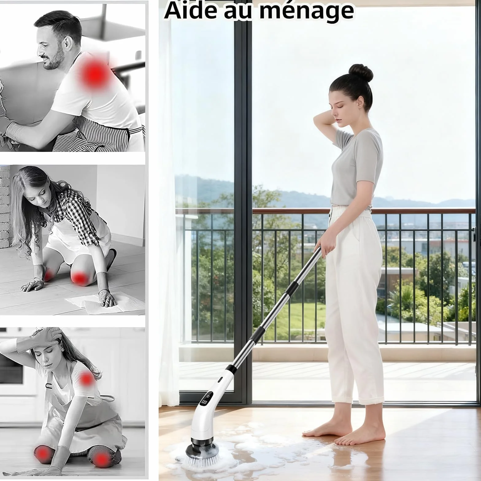 Brosse à récurer électrique, Brosse de Nettoyage sans Fil avec 8 têtes, Manche Long télescopique, Brosse nettoyante Rechargeable, Charge USB-C, pour Sol,Salle de Bain, Cuisine, Douche et Baignoire
