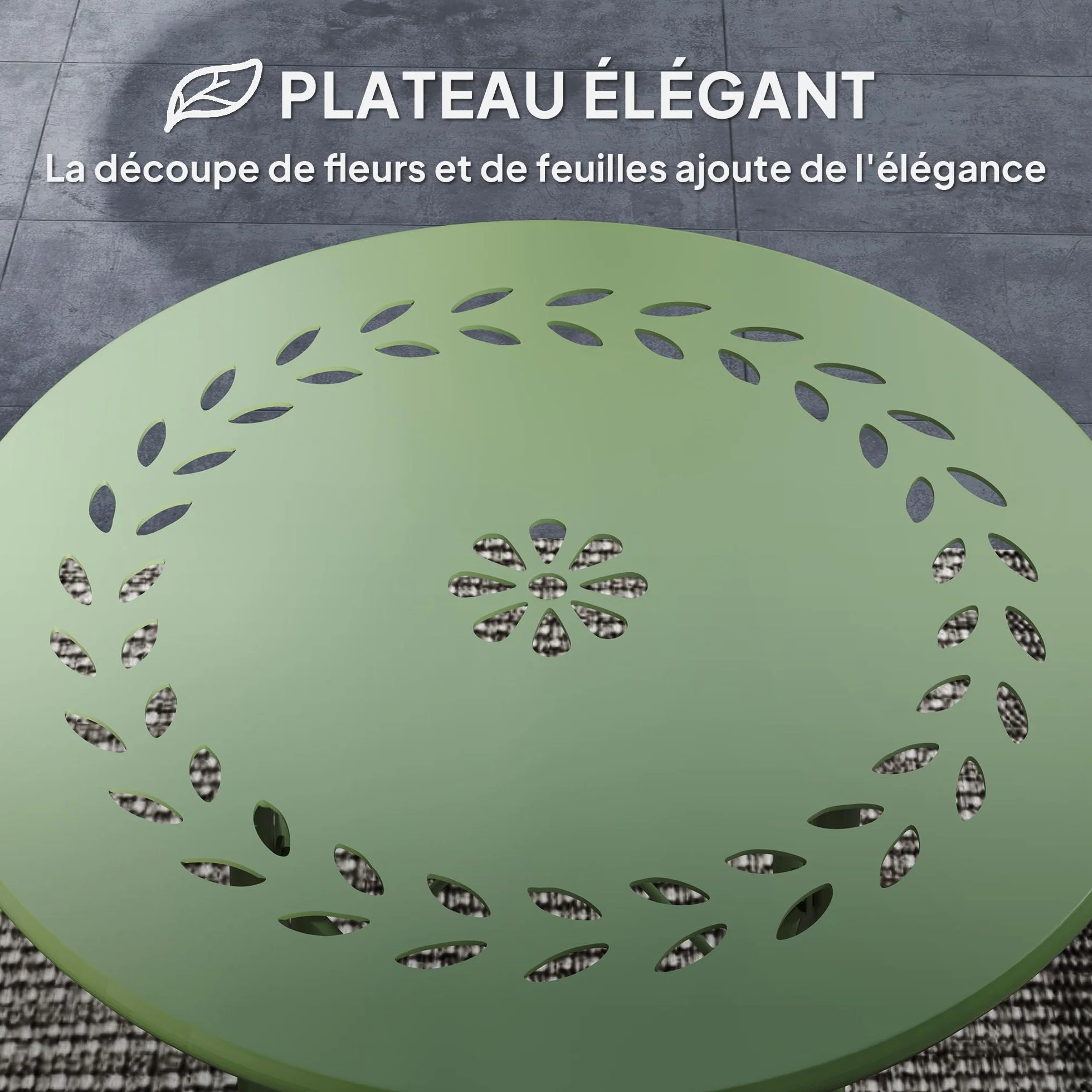 Outsunny Petite Table d'appoint Ronde de Jardin en Acier Vert avec découpe Fleur Feuilles