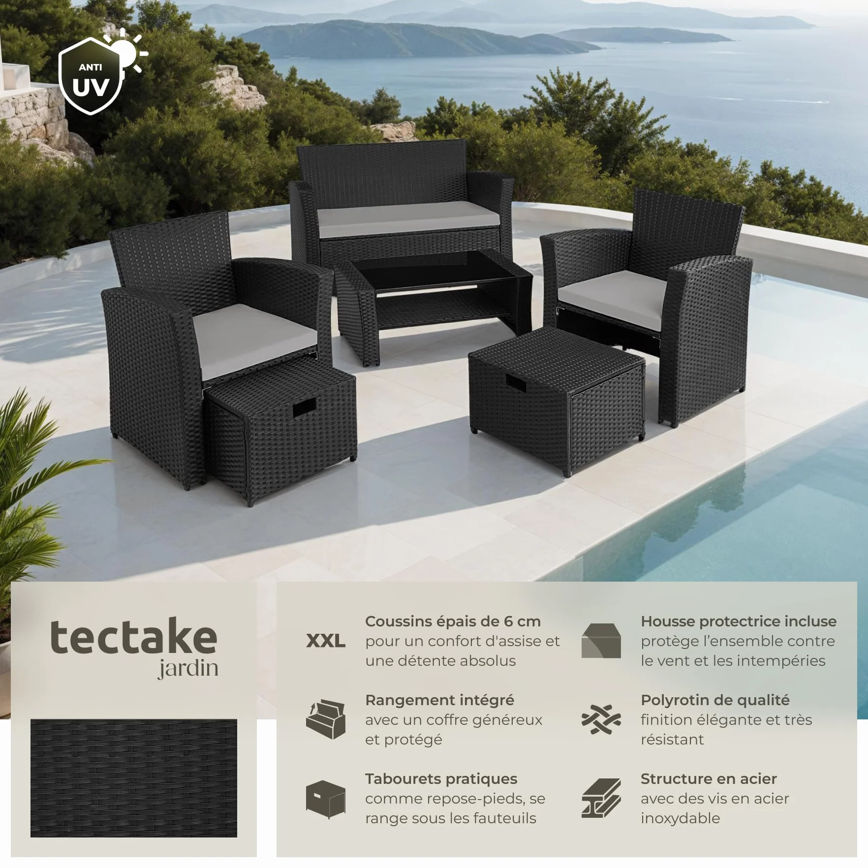 tectake Ensemble Salon de Jardin Poly Rotin 1 Banquette 2 Fauteuil 2 Tabouret 1 Table Jardin Noir/Gris