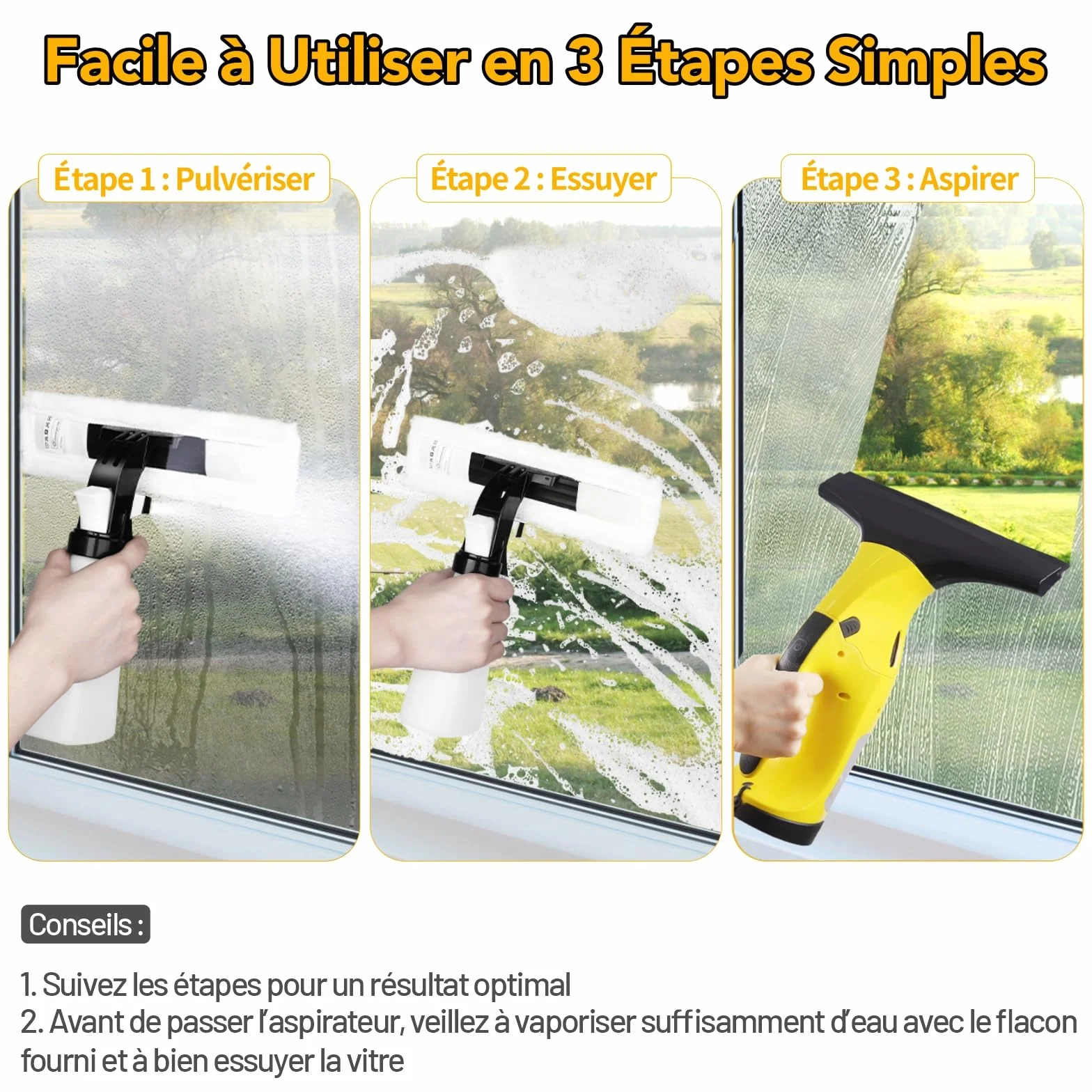 Nettoyeur de Vitres Aspirateur de fenêtre Rechargeable avec Lames de raclette de 28 cm et 17 cm, Ensemble d'aspirateur de vitres pour Nettoyer Les vitres, Les Portes de Douche, Les miroirs