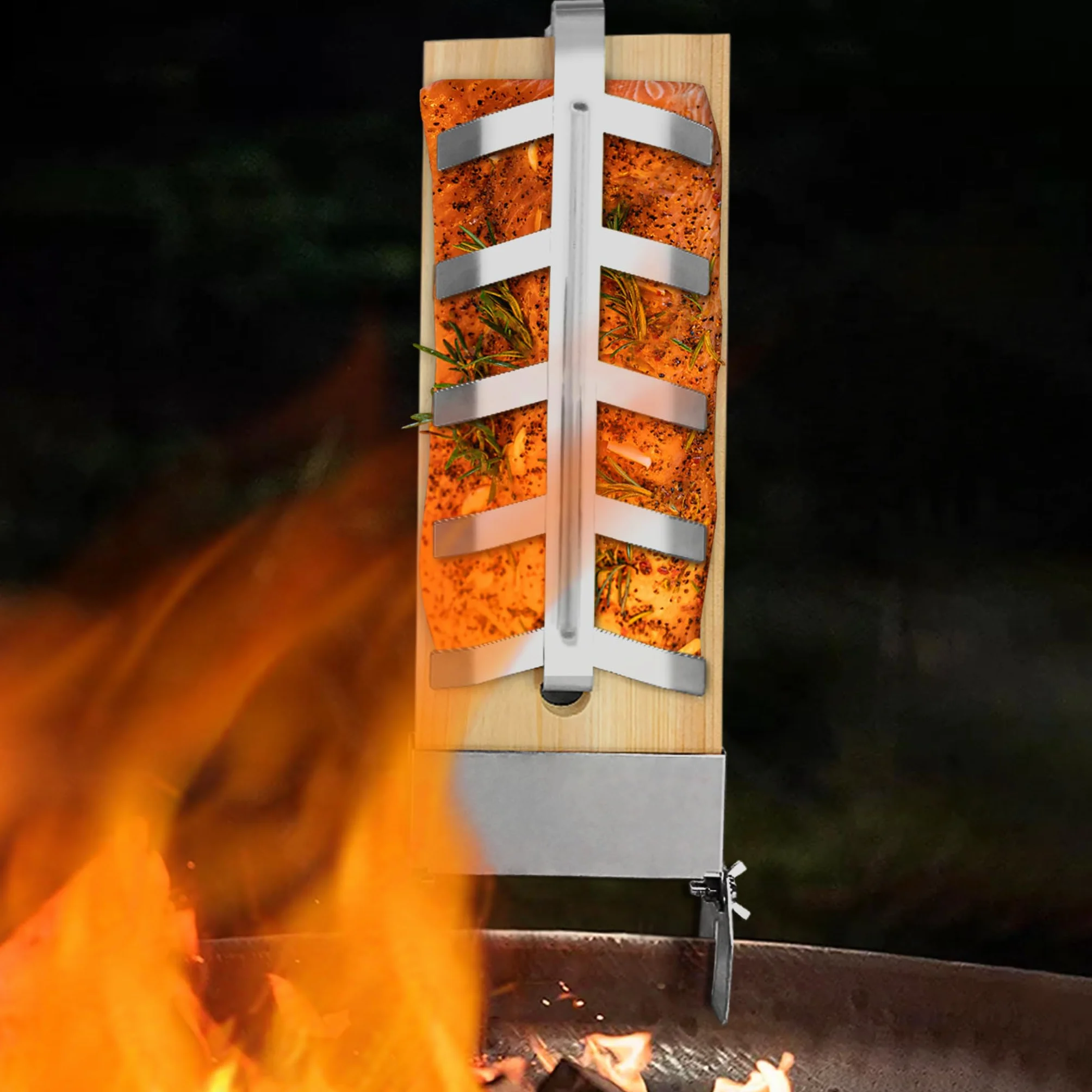 Lot de 2 planches à saumon flammé en acier inoxydable 5 niveaux réglables pour barbecue