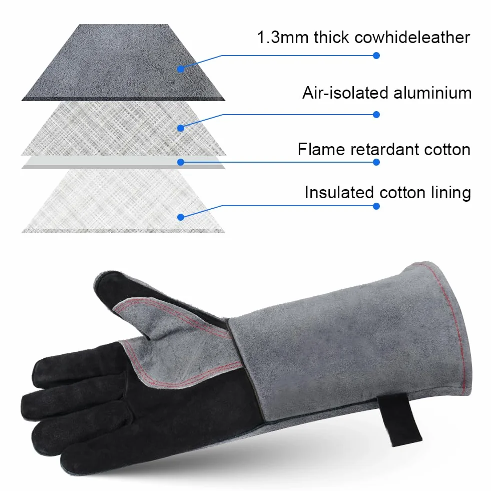 Gants de Barbecue en Cuir Anti Chaleur Épaississement Résistant au Feu pour Four Soudure Cheminée Jardinage Gris