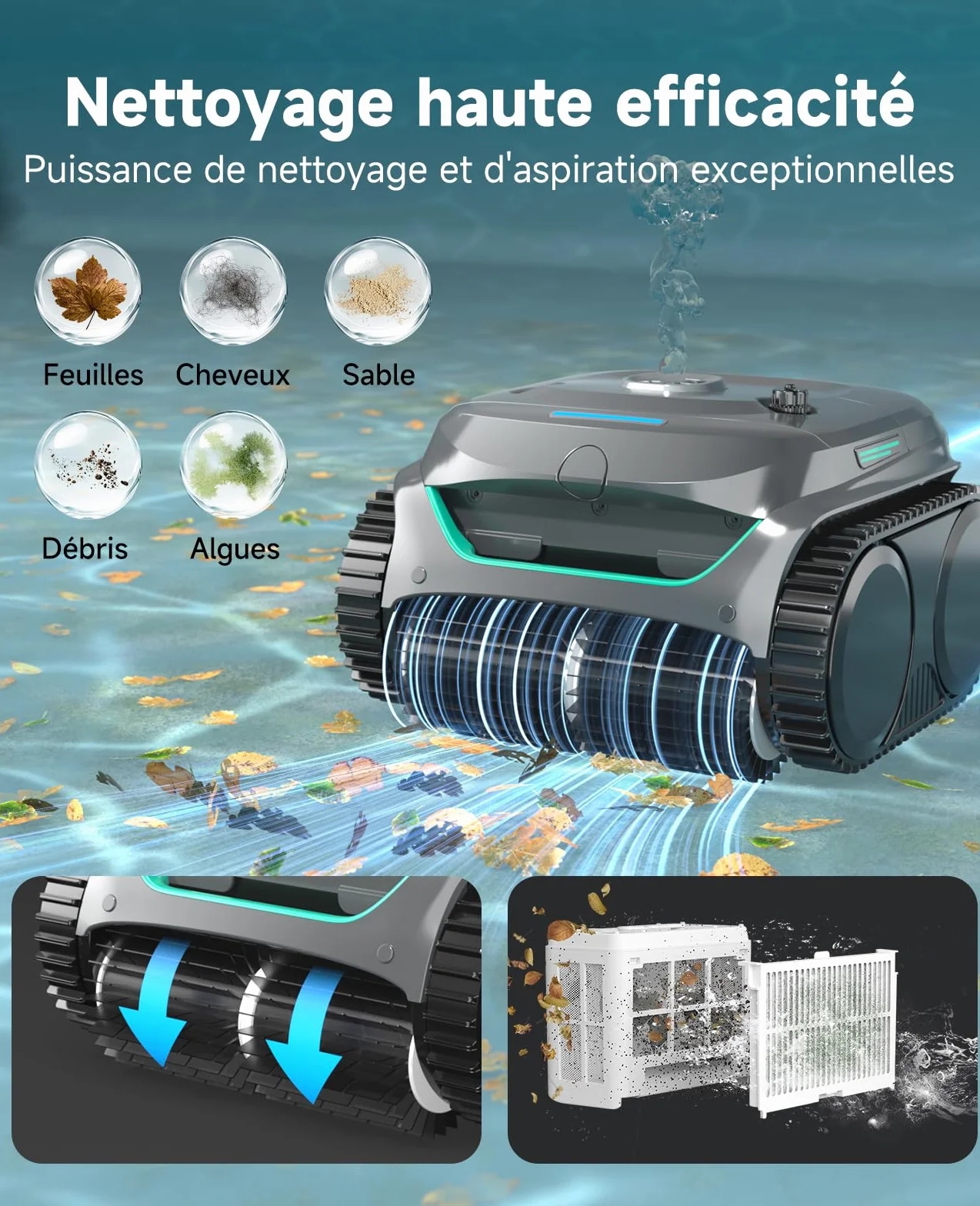 WYBOT C2 Robot Piscine sans Fil 3 Moteurs Double Filtration Autonomie 180 Min pour Piscines Enterrées Max 150㎡