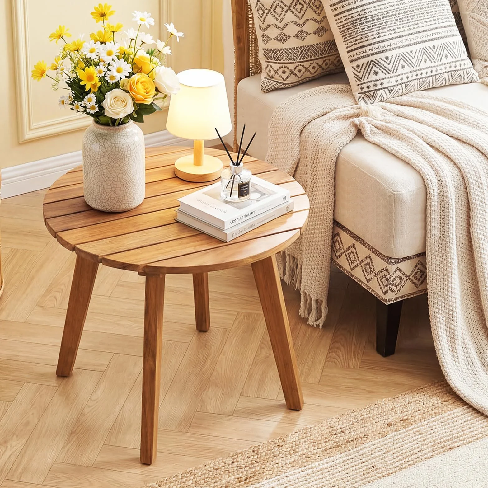 COSTWAY Table d'Appoint Extérieure en Bois d'Acacia, Table Bistro de Jardin Ronde 43 x 75 cm