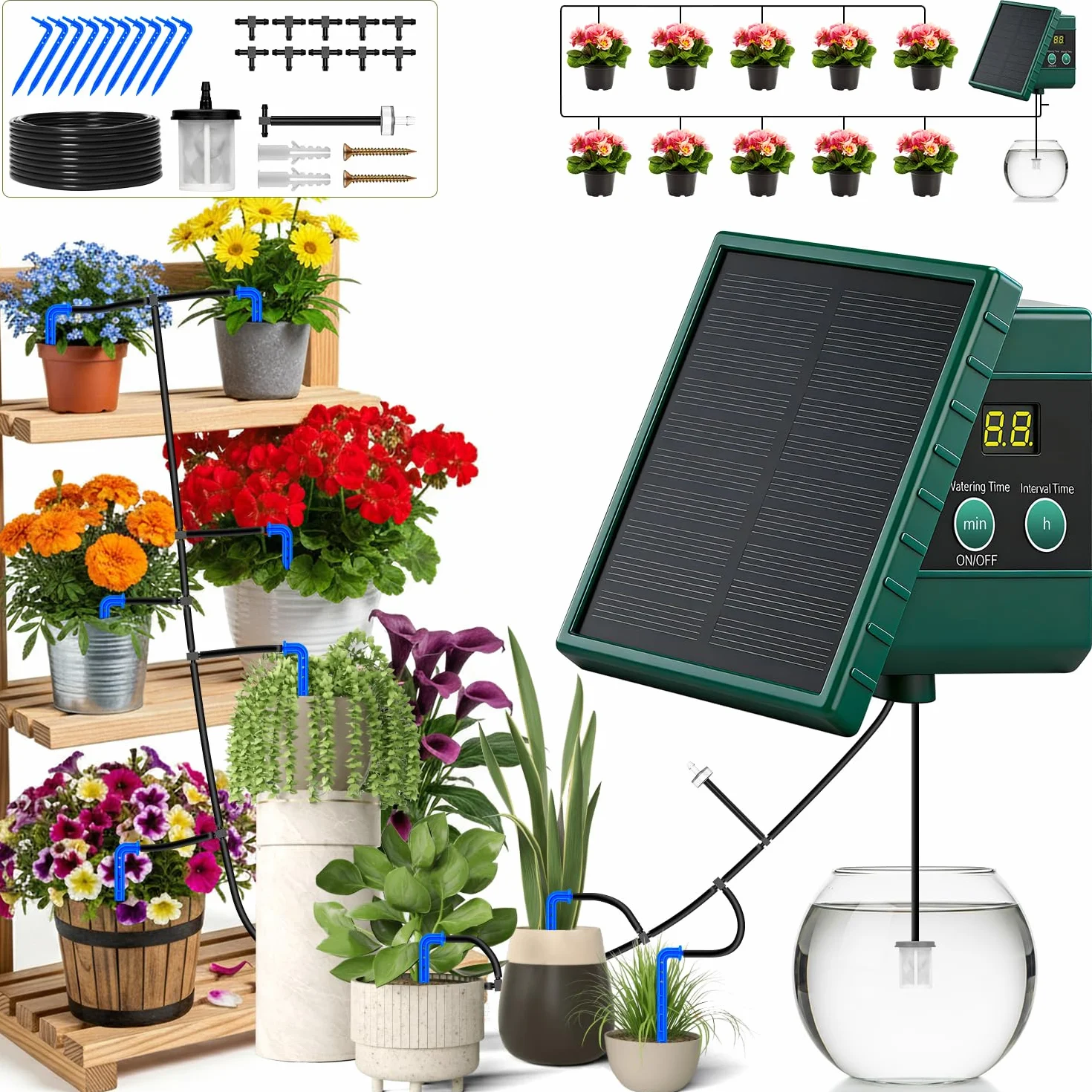 Onherm Arrosage Automatique Solaire Kit avec Tuyau 10M, Système d'Irrigation Goutte à Goutte pour Jardin