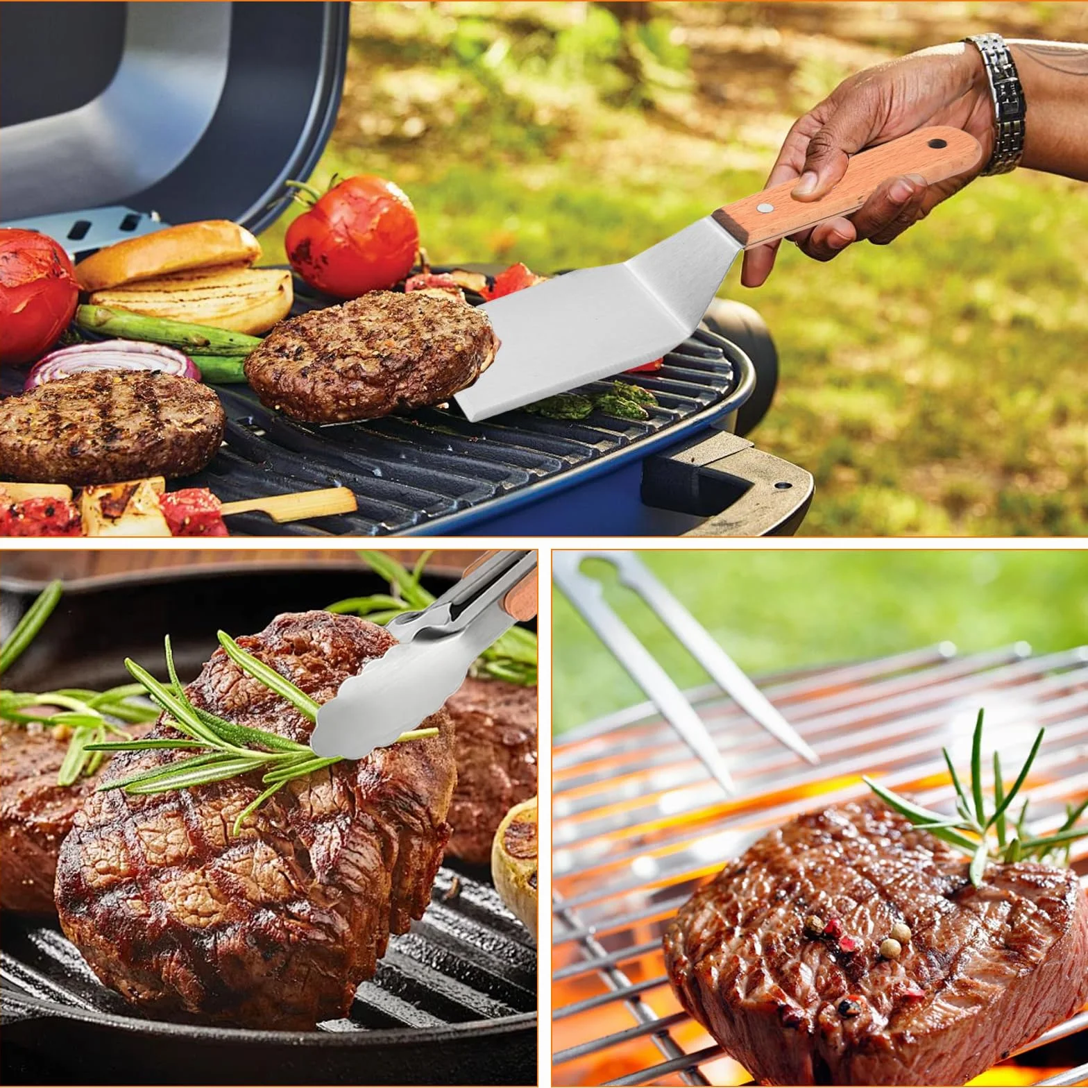Ensemble de 3 Grattoirs Plancha - Spatule Inox, Pince et Fourchette à Viande, Accessoire Barbecue