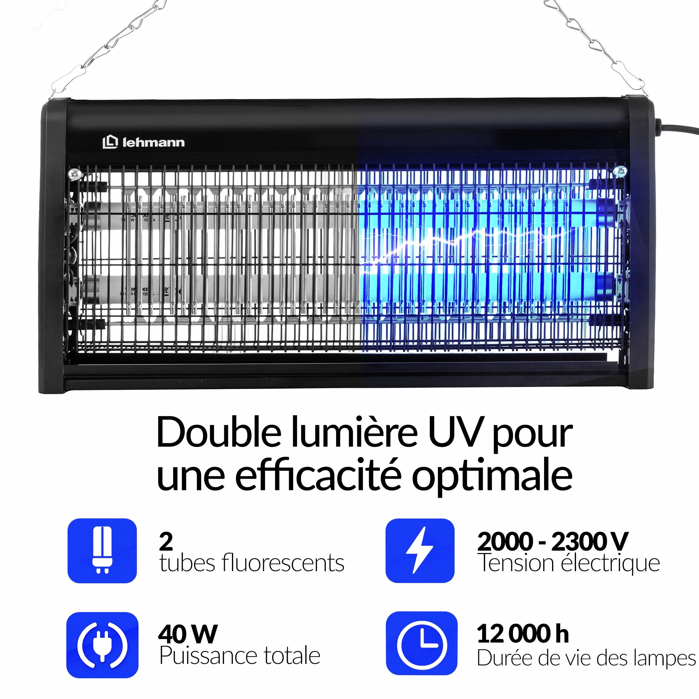 LEHMANN Lampe Anti Moustique Electrique 40 W UV Tue Mouche pour Surfaces Jusqu’à 400 m²
