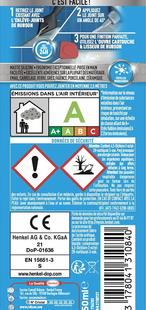 Rubson Je Jointe Mastic Transparent 50 ml, mastic étanche anti-moisissure en tube prêt à l'emploi, mastic silicone durable pour joints sanitaires spécial Bain & Cuisine