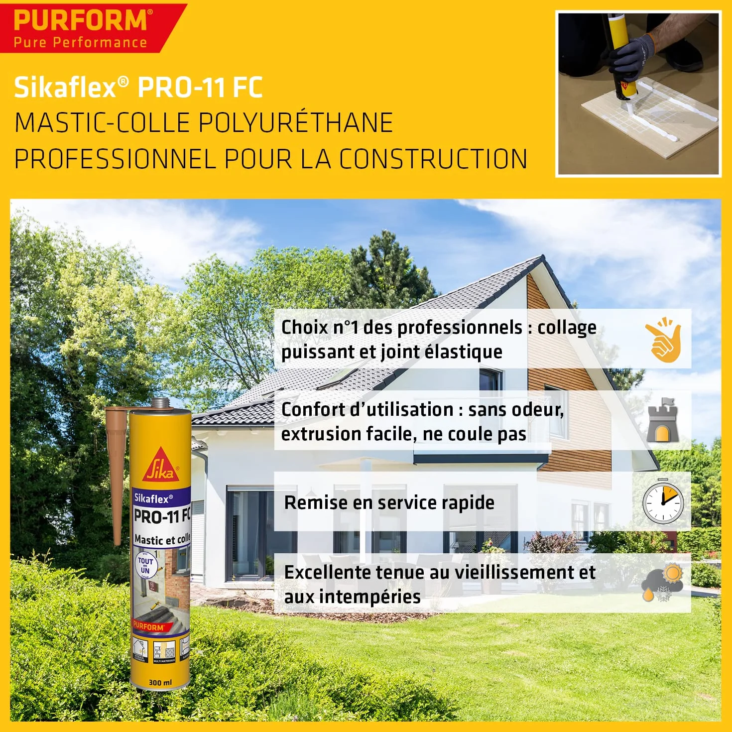 SIKA - Mastic polyuréthane PU tout en 1 - Sikaflex PRO 11 FC Purform Beige - Collage puissant - Mastic multi-matériaux - Etanche - Intérieur et Extérieur - Construction et Bricolage - 300ml
