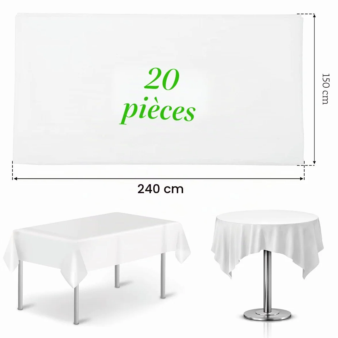 Nappes Jetables PEVE 150x240cm Imperméable Blanche Lot de 20