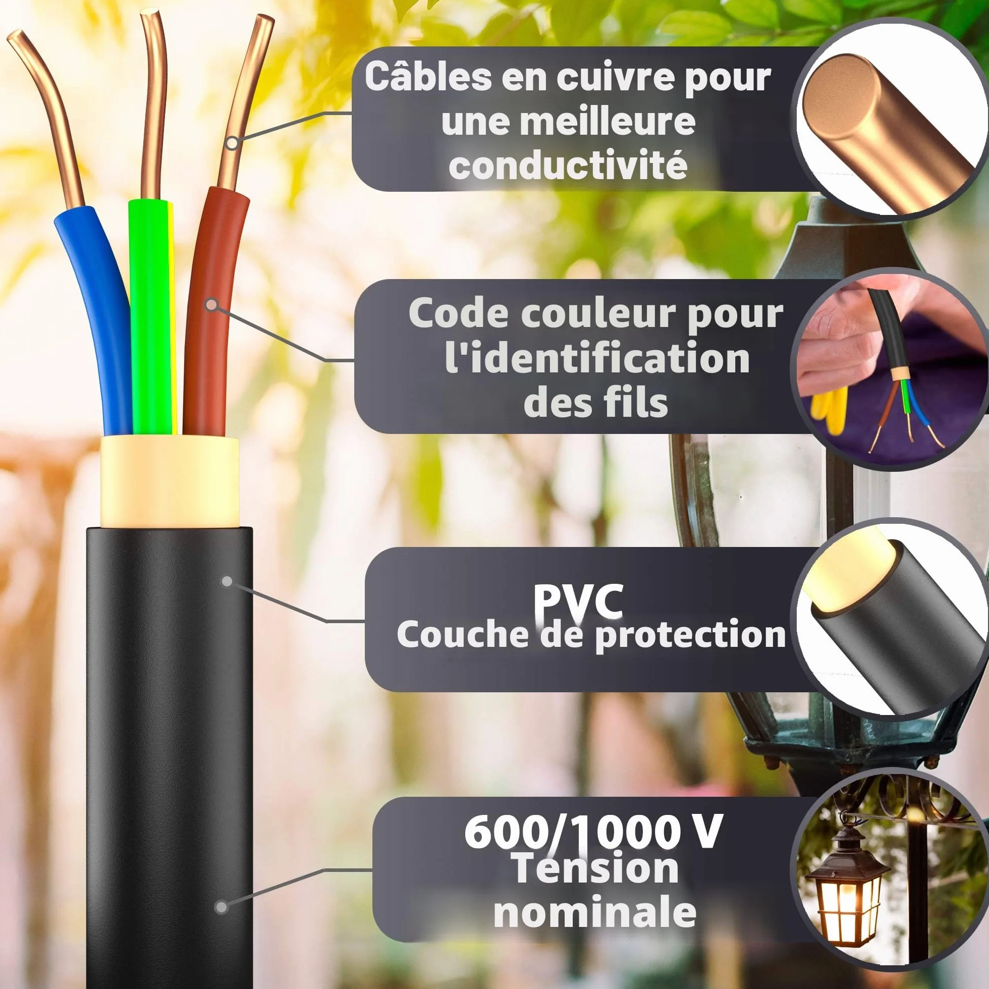 MAS Premium Câble souterrain NYY-J 3 x 1,5, 2,5, 4, 6, 10, 16 ou 5 x 1,5, 2,5, 4, 6, 10, 16, avec anneau pour pose en plein air (NYY-J 3 x 4 mm², 10 m) 5-170 m
