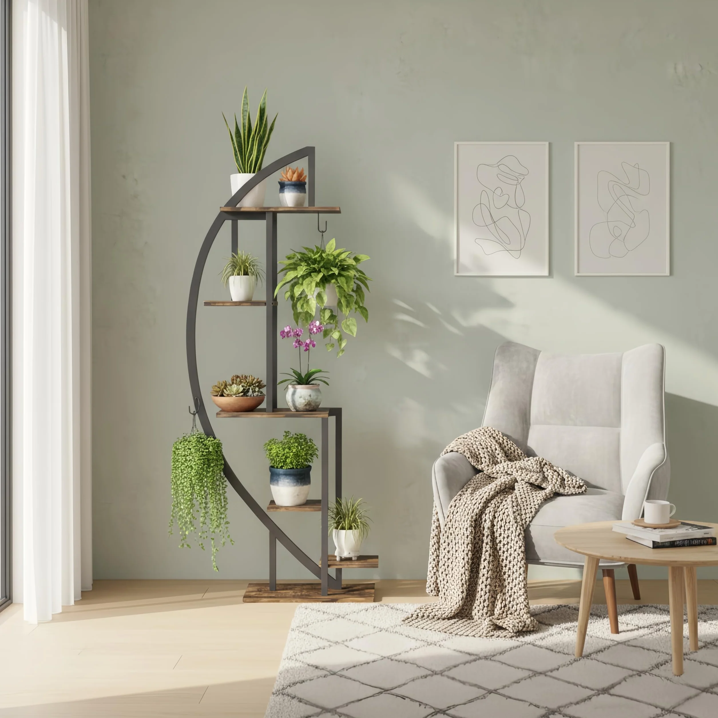 Étagère à plantes avec lumière 160 cm 6 niveaux bois métal support plantes extérieur intérieur jardin balcon