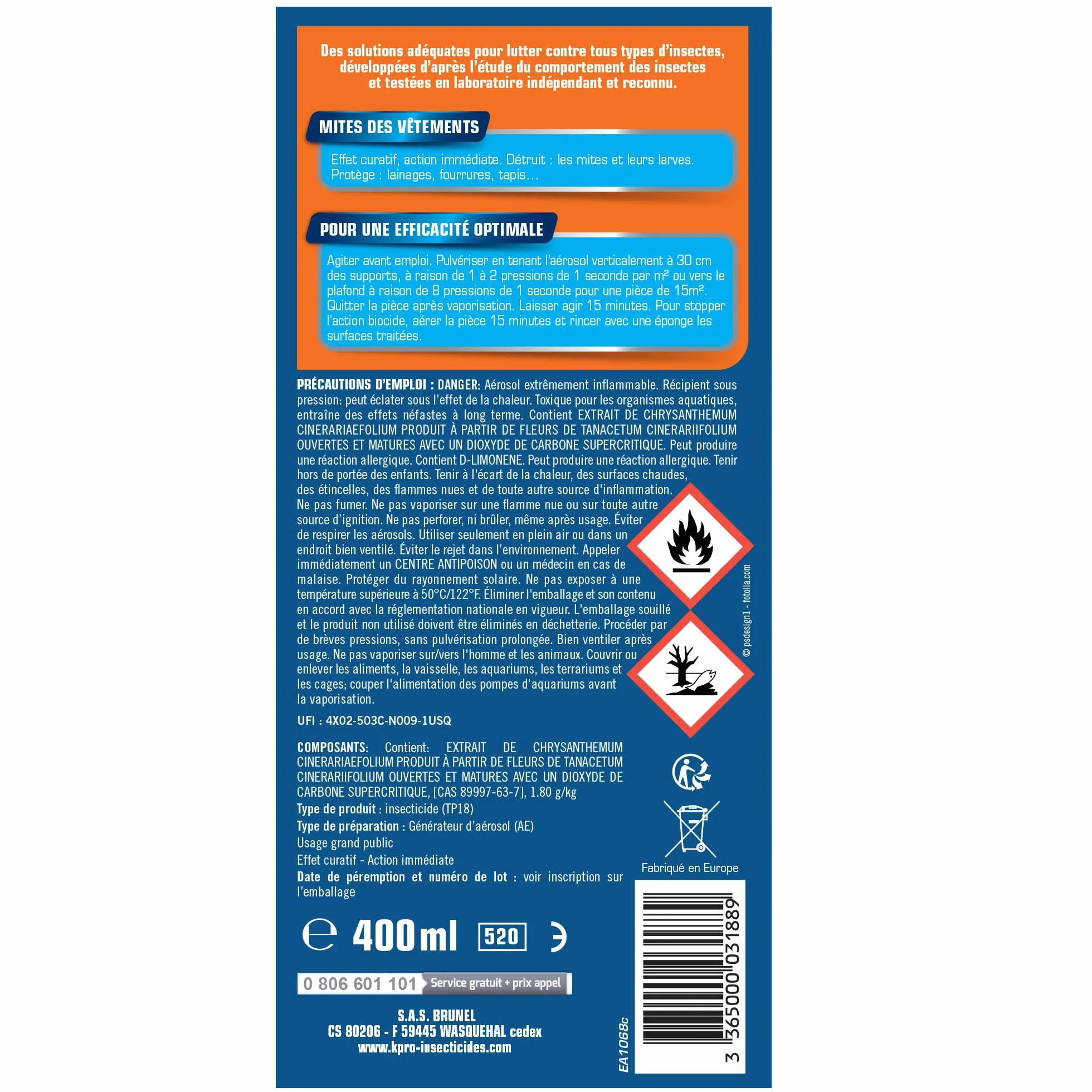 Spray Anti-Mites Vêtements Action Immédiate 400ml Technique Professionnelle
