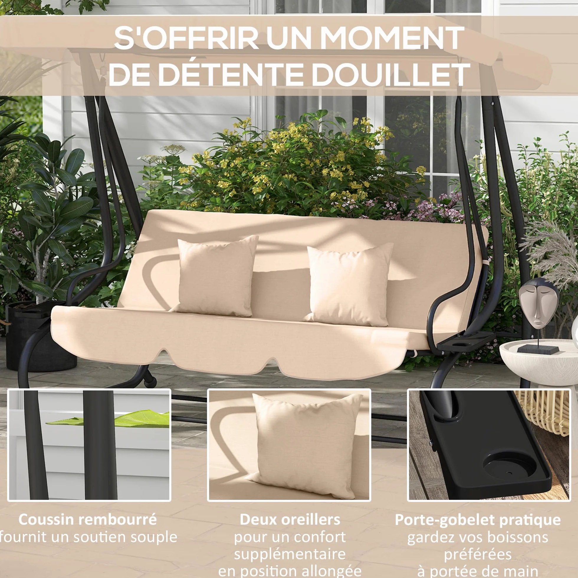 Outsunny Balancelle de Jardin 3 Places Convertible Toit Inclinaison réglable Métal Noir Polyester