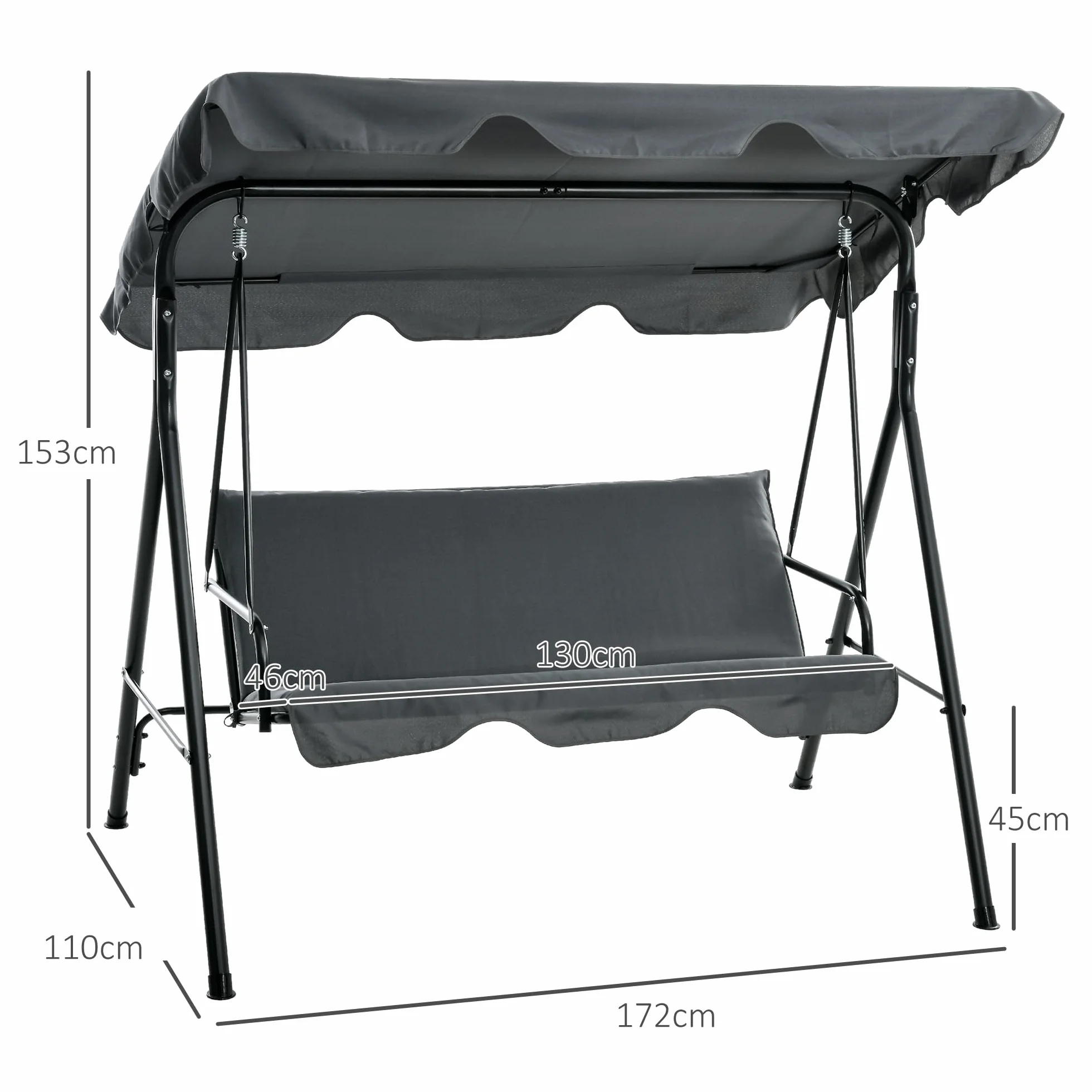 Outsunny Balancelle de Jardin 3 Places Toit Inclinable Coussins Acier Noir 1,72L x 1,1l x 1,53H m