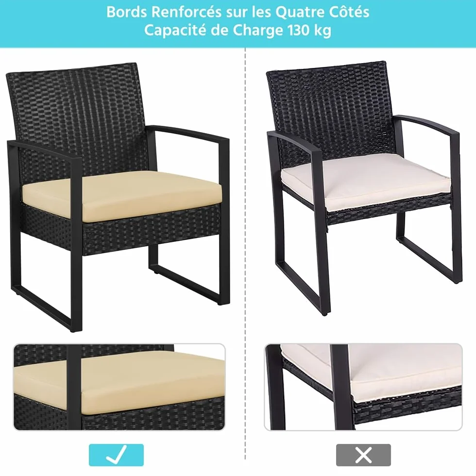 Yaheetech Salon de Jardin Exterieur 2 Fauteuils 1 Table Basse Poly Rotin Metal Noir/Kaki