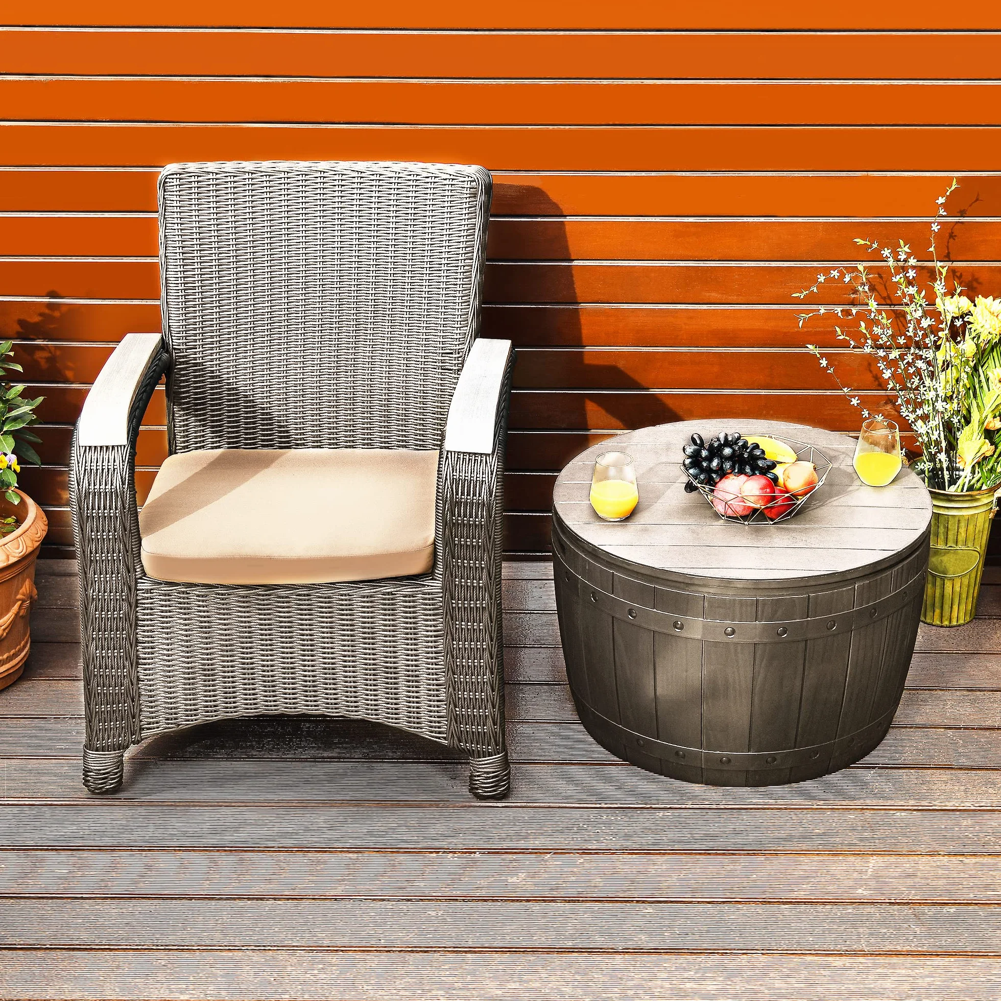 YITAHOME Coffre de Rangement Ronde 127L, Boîte Extérieure Imperméable Résine, Marron Clair