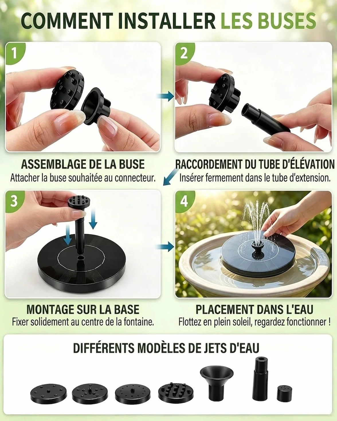 Fontaine Solaire Extérieure de Jardin Flottante avec 7 Jets d’Eau et Éclairage RGB
