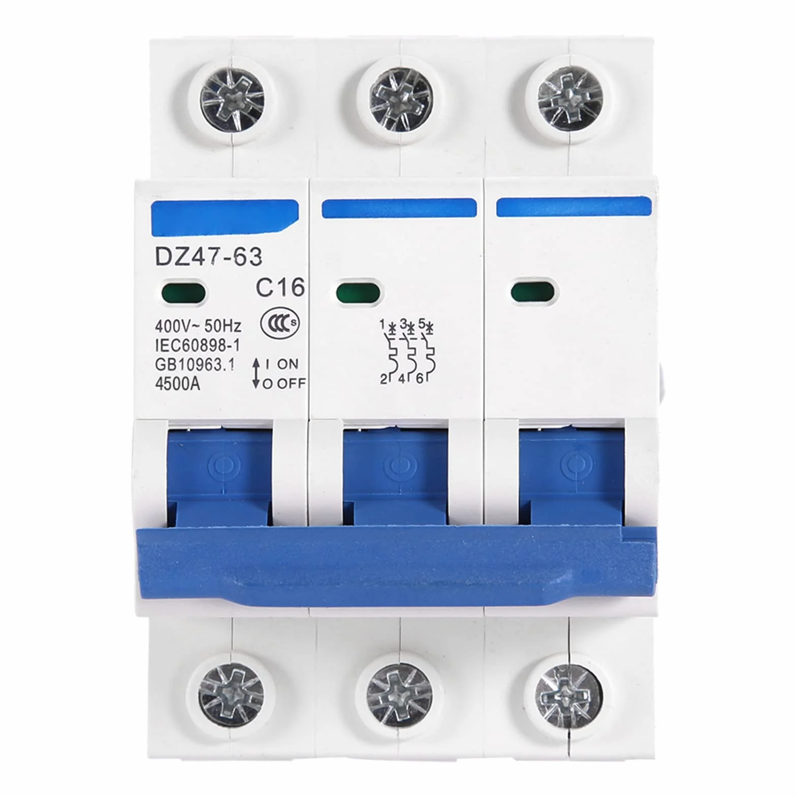 Disjoncteur Miniature Automatique de Sécurité DZ4763 3 Pôles 400V Courant Alternatif Montage sur Rail DIN 35 Millimètres 16 Ampères
