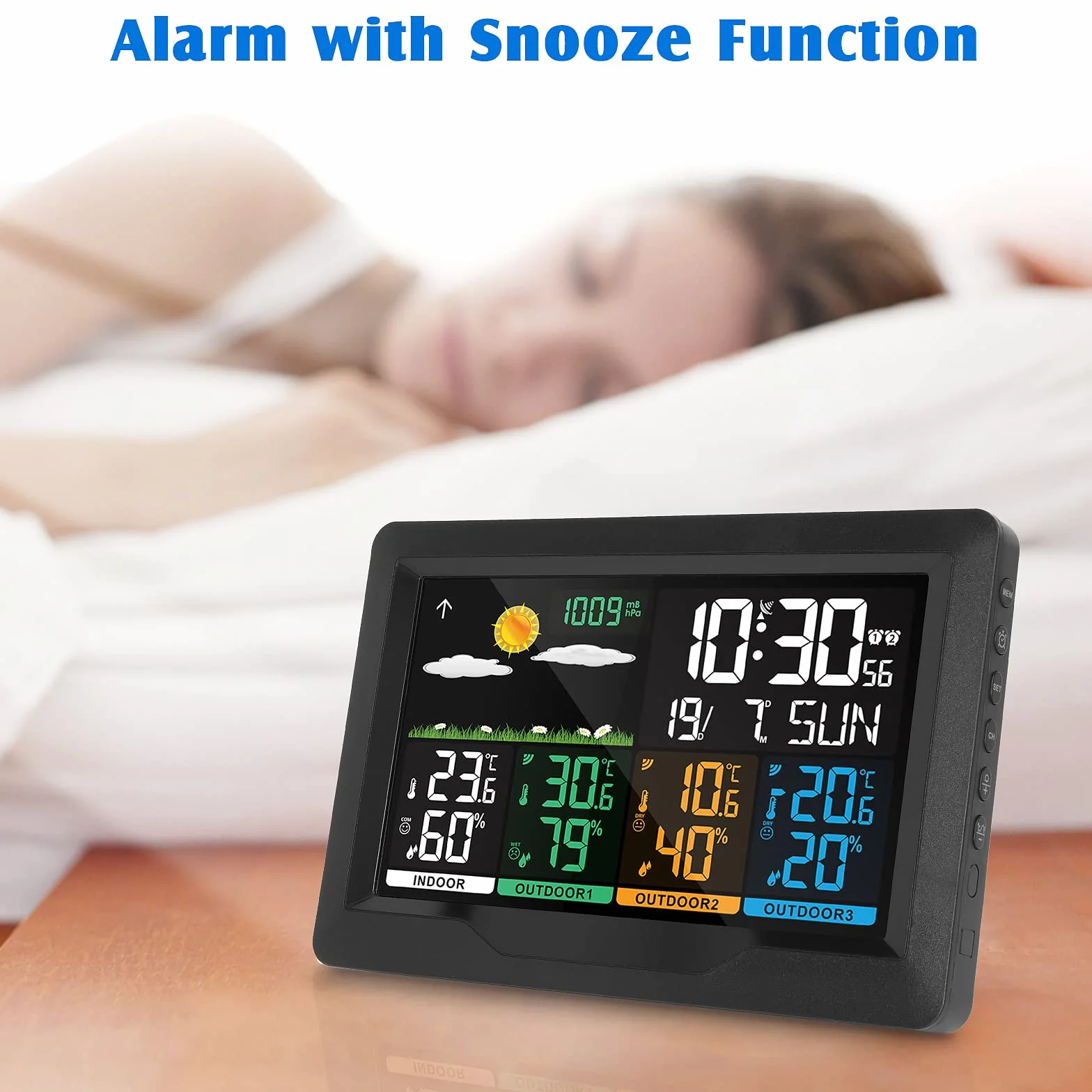 Station Météo sans Fil avec Capteur Thermomètre Hygromètre Intérieure Extérieure Ecran LCD Calendrier Horloge Réveil Prévisions 12cm