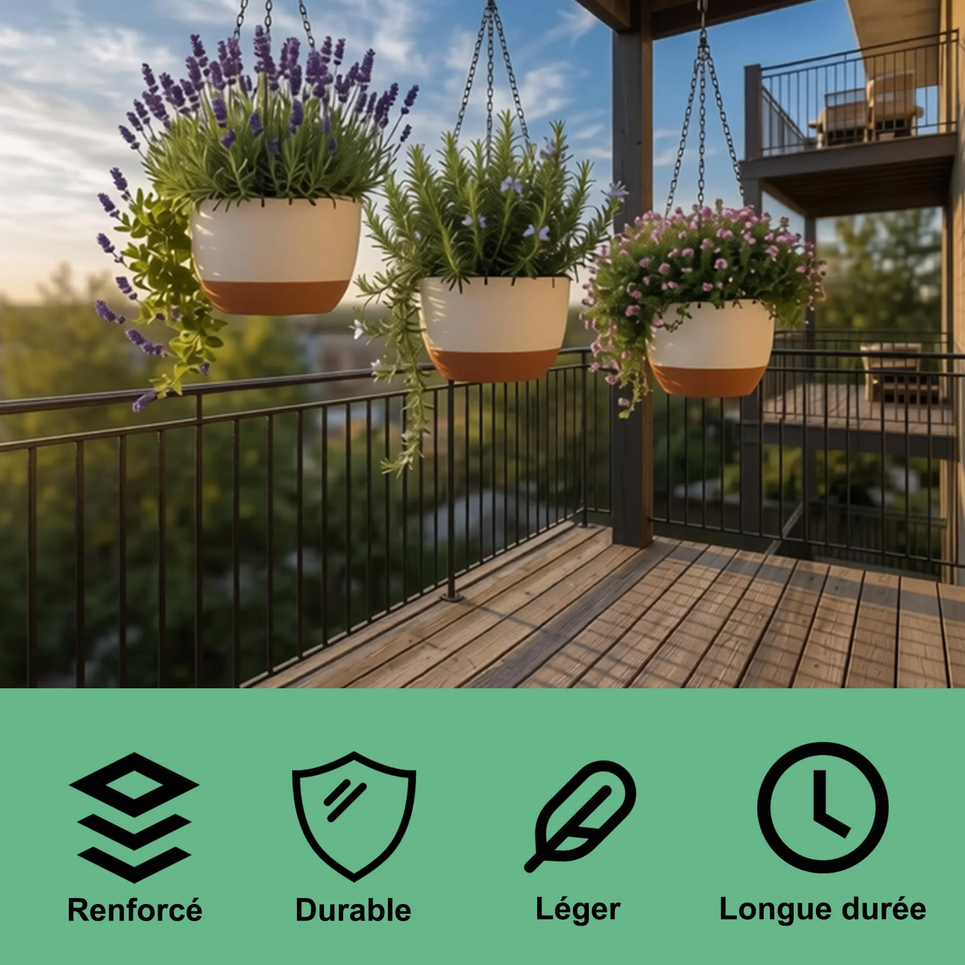 FUSHITON Lot de 3 Suspensions pour Plantes Intérieur & Extérieur, Pots Auto-arrosants 24+24+20,5 cm Blanc
